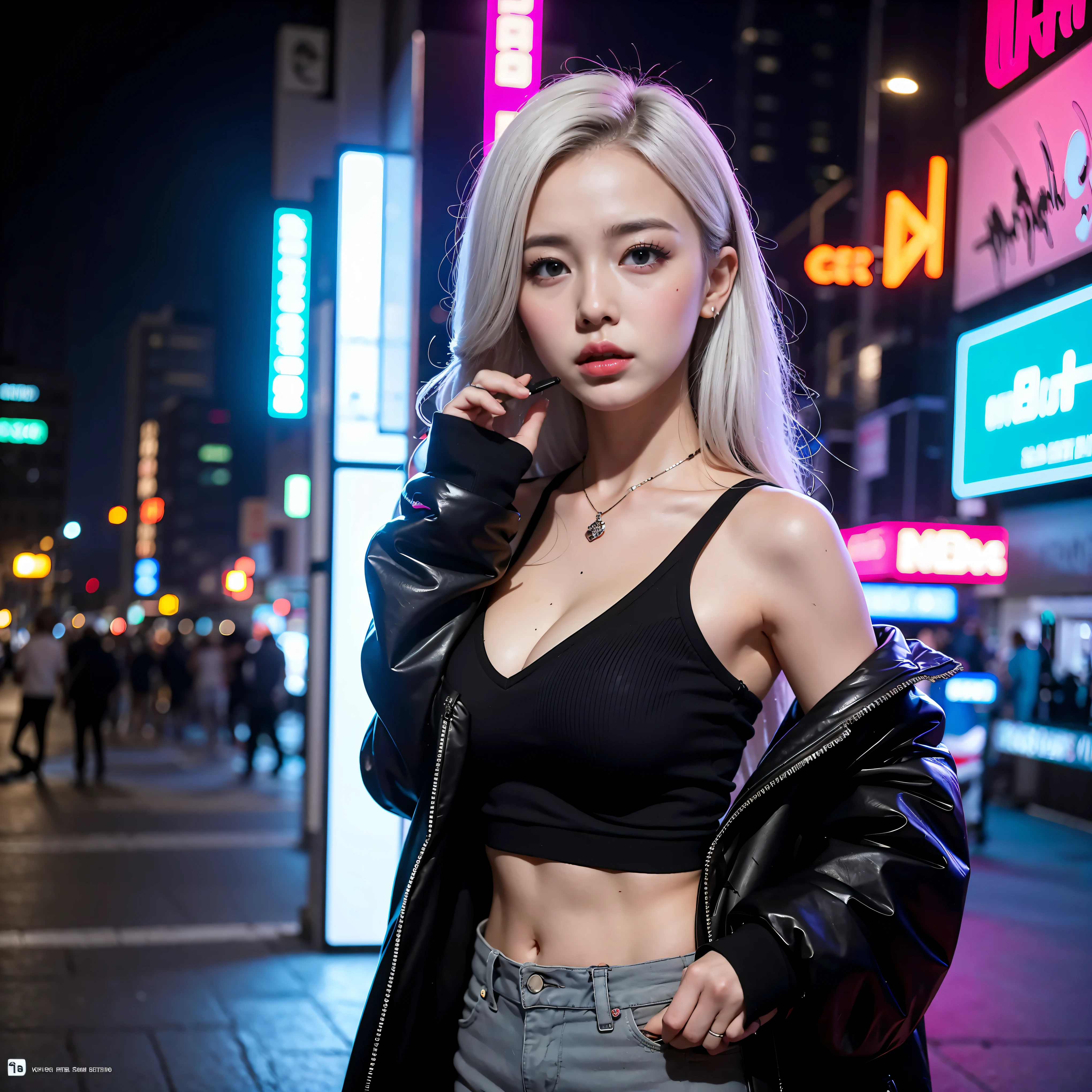 ((resolution,high-res),1girl,HDA_Hikari), light grey eyes, white hair, huge breasts, scowl, cyberpunk, neon lights, street art, urban decay, smoking