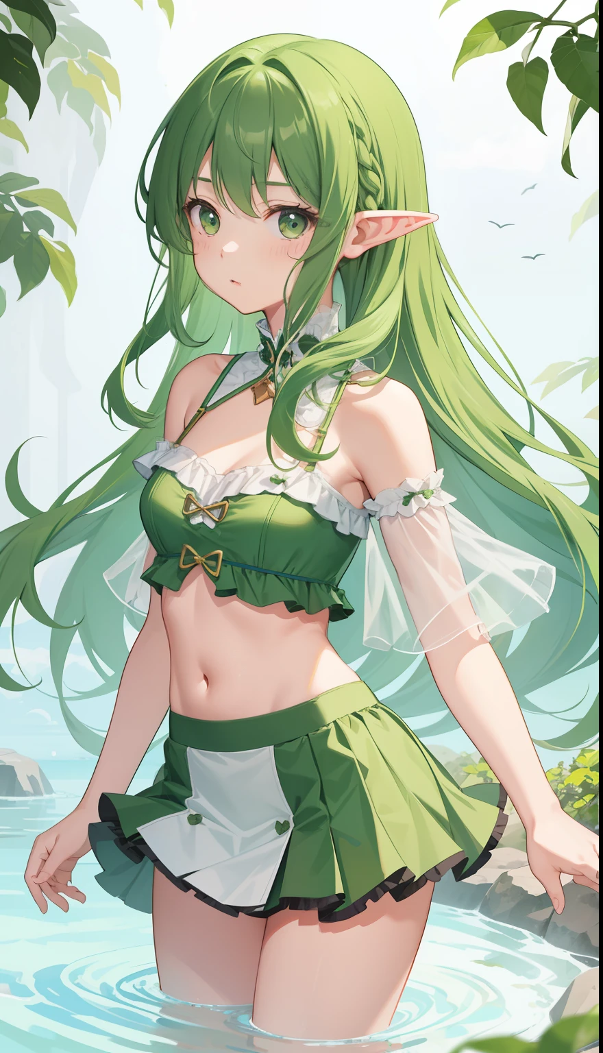 masterpiece, best quality, highres, 1girl, elf, pointy ears, green hair, long hair, sidelocks, hair bow, green eyes, small breasts, white crop top, navel, running, sweat, bike shorts, park, cowboy shot