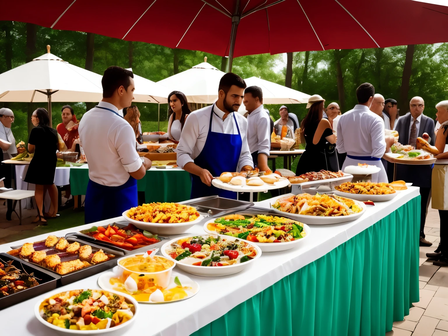 outdoor food catering. several people are serving themselves food from trays on a buffet table, overflowing feast buffet table, offering a plate of food, closeup at the food, the table is full of food, people outside eating meals, delicious food, hot food, transparent background, people inside eating meals, high quality photos, long, by Anita Malfatti, breakfast buffet