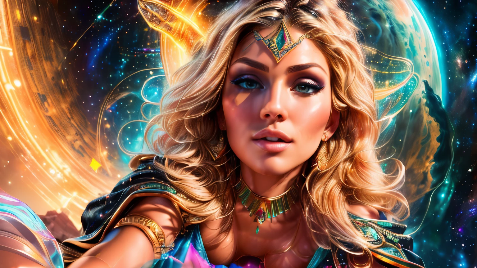 (Hyper Realistic, best quality),16k,(realistic, photo-realistic:1.5), Masterpiece, ultra high res, Stunning, ((Gorgeous Woman:1.4), (Suntan-Skin:1.4), (Athletic_Muscle_Body_ABS_Thighs:1.4), (fleshy luscious lips:1.4), (Sexy Pose with Open Legs and Looking Down on the Space Galaxy:1.4), (Camera View from below, POV Face-Sitting:1.5)), ((Gorgeous Very Long Hair:1.5), (Blonde Hair:1.4)), (Sexy Egyptian Jewels futuristic Armor and Cloak with Intricate Isometric Fluid Galaxy Bioluminescen Effects:1.4), (high detailed skin:1.4), (Cleft_Chin:1.4), (Perfect Face:1.3), (beautiful detailed eyes:1.3), naughty face, looking at viewer, Sexy, full-body,natural lighting, (Film grain, Fujifilm XT3, 8k uhd, dslr, Lens), hollywood lips, wide jaw line, wide lips, narrow beautiful nose, (maximalist photo 16k resolution, intricately detailed, complex, elegant, expansive, fantastica), Cinematic, Hyper-detailed, insane details, Beautifully color graded, Unreal Engine, DOF, Super-Resolution, Megapixel, Cinematic Lightning, Anti-Aliasing, FKAA, TXAA, RTX, SSAO, Post Processing, Post Production, Tone Mapping, CGI, VFX, SFX, Insanely detailed and intricate, Hyper maximalist, Hyper realistic, Volumetric, ultra photoreal, ultra-detailed, intricate details, Super detailed, Full color, Volumetric lightning, HDR, Realistic, Unreal Engine, 16K, Sharp focus, octane render