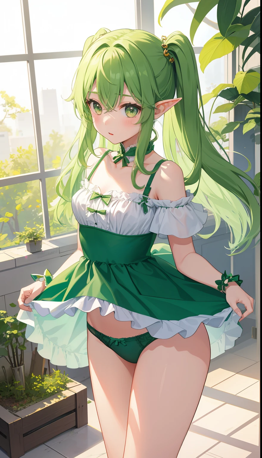 1 girl、as adult、girl、cute underwear、In underwear、(small breasts)(small breasts)、(upper body portrait)、、green hair、elf、、skirt、jump、