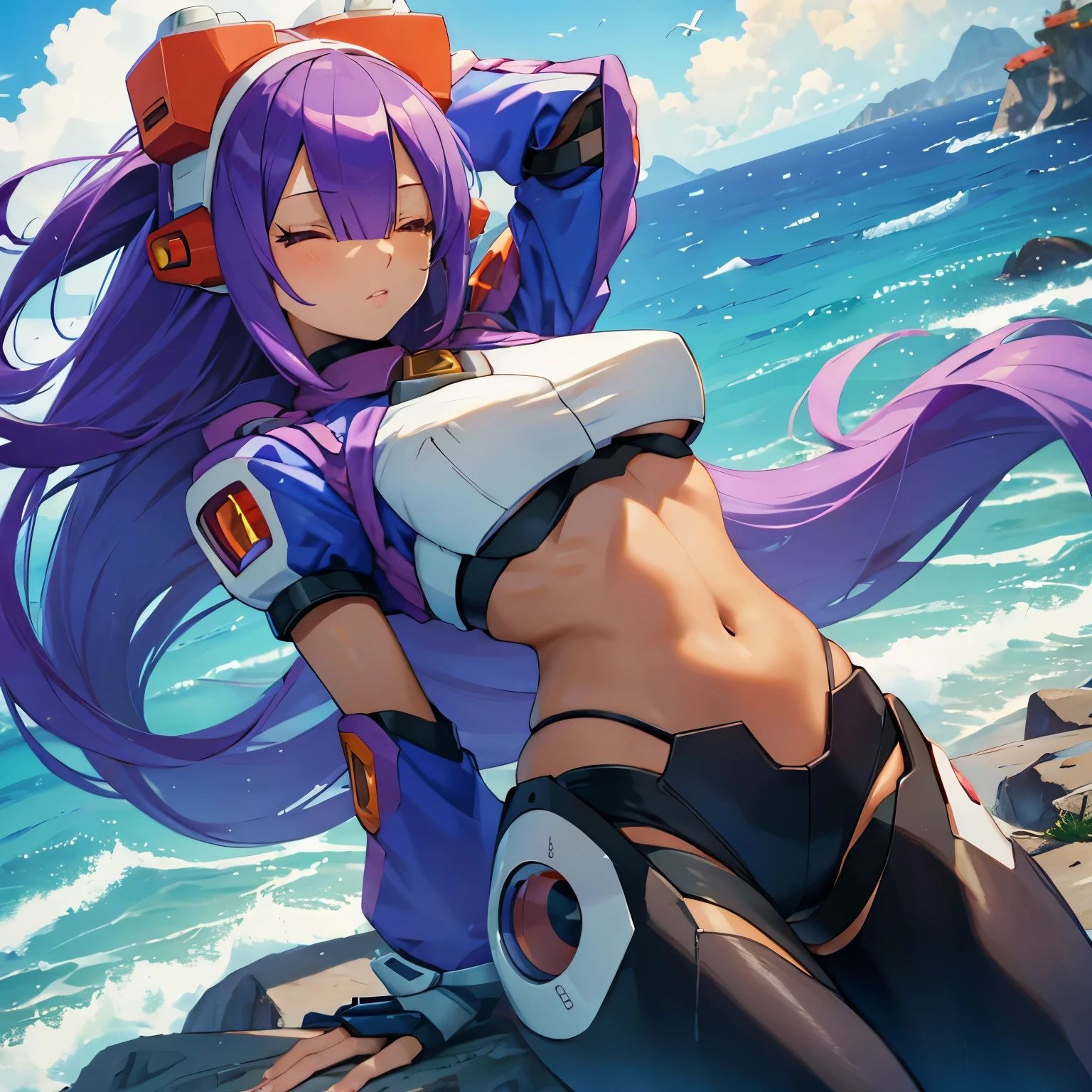 layer_megamanx, 1girl, solo, long hair, purple hair, blunt bangs, hair over eyes, large breasts, dark skin, dark-skinned female, android, underboob, robot ears, overlooking the ocean on the edge of a rock, in the style of avian-themed, realistic yet stylized, villagecore, azure, orange and azure, dragoncore, aerial view