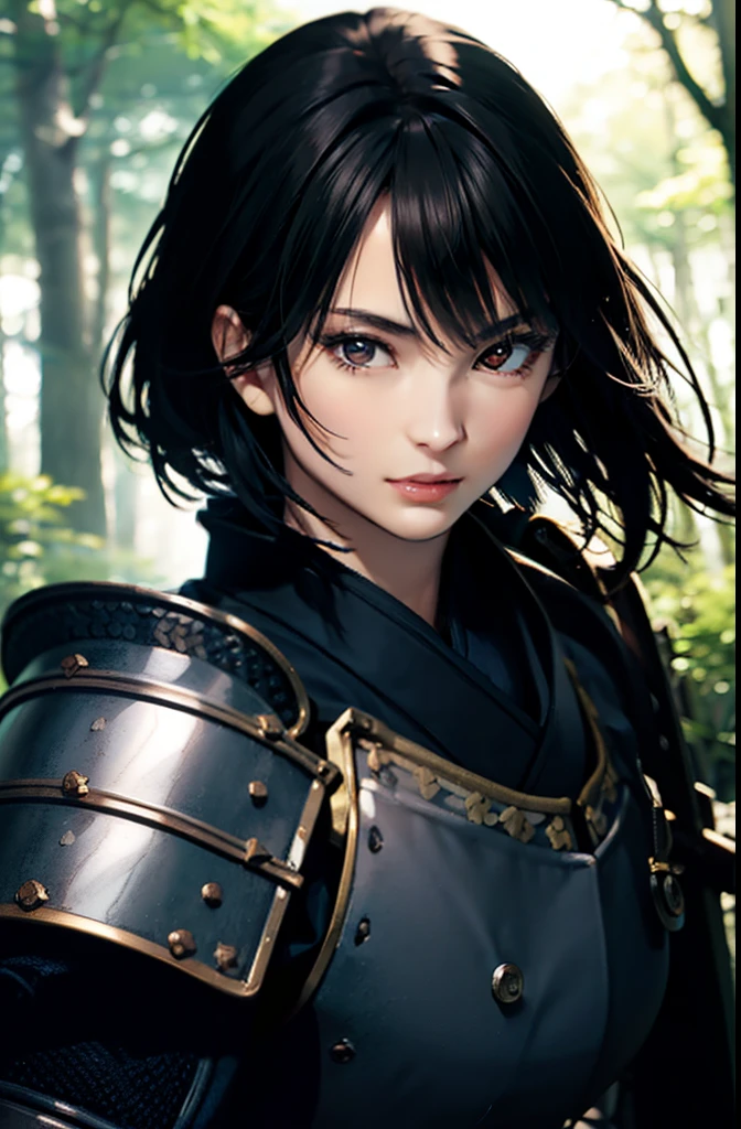 highest quality Beauty with short black hair sharp eyes swordsman light armor Princess Warlord prepare a sword Medieval Japanese style forest