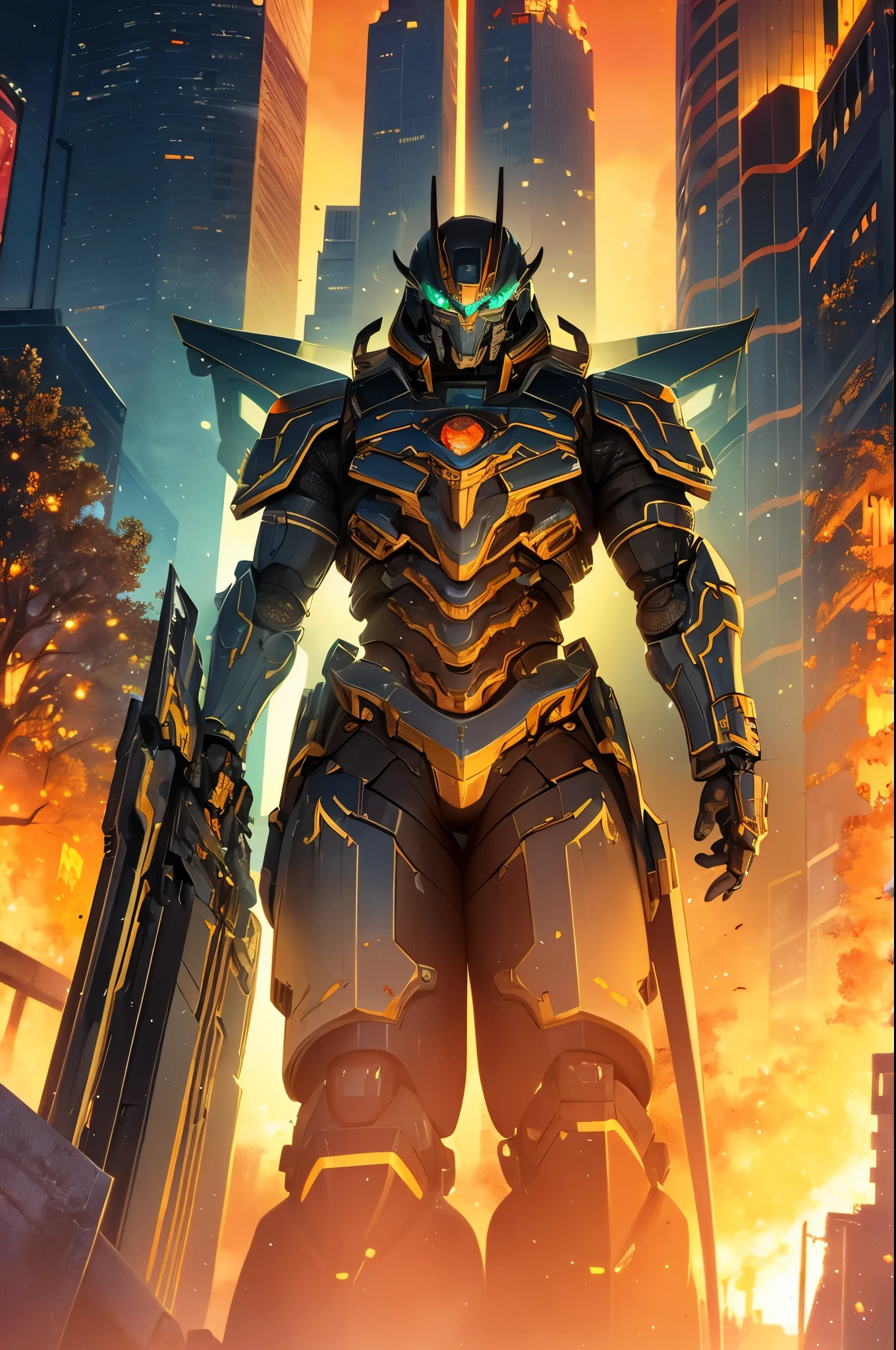 best quality,4k,8k,highres,masterpiece:1.2,ultra-detailed,realistic:1.37,A giant mecha, styled after a feudal Samurai with Steam punk undertones, is battling a slimy Kaiju in downtown Tokyo. Medium: digital illustration, vivid colors, dynamic composition.
Additional details: The mecha is adorned with intricate armor, detailed engravings, and glowing blue accents. Its energy sword shines brightly, casting a vibrant light on the surrounding area. The mecha stands tall amidst the chaos, with billowing smoke and destroyed buildings as the backdrop. The Kaiju oozes with slime and has razor-sharp teeth, contrasting with the metallic mecha. The cityscape is a mix of traditional Japanese architecture and futuristic steam punk elements, creating a unique blend of old and new. The atmosphere is filled with tension, as the mecha and Kaiju engage in an epic battle, with explosions and debris flying everywhere. The color palette is rich and vibrant, with a mix of deep blues, fiery reds, and glowing greens. The lighting is dramatic, casting long shadows and highlighting the intensity of the fight.
