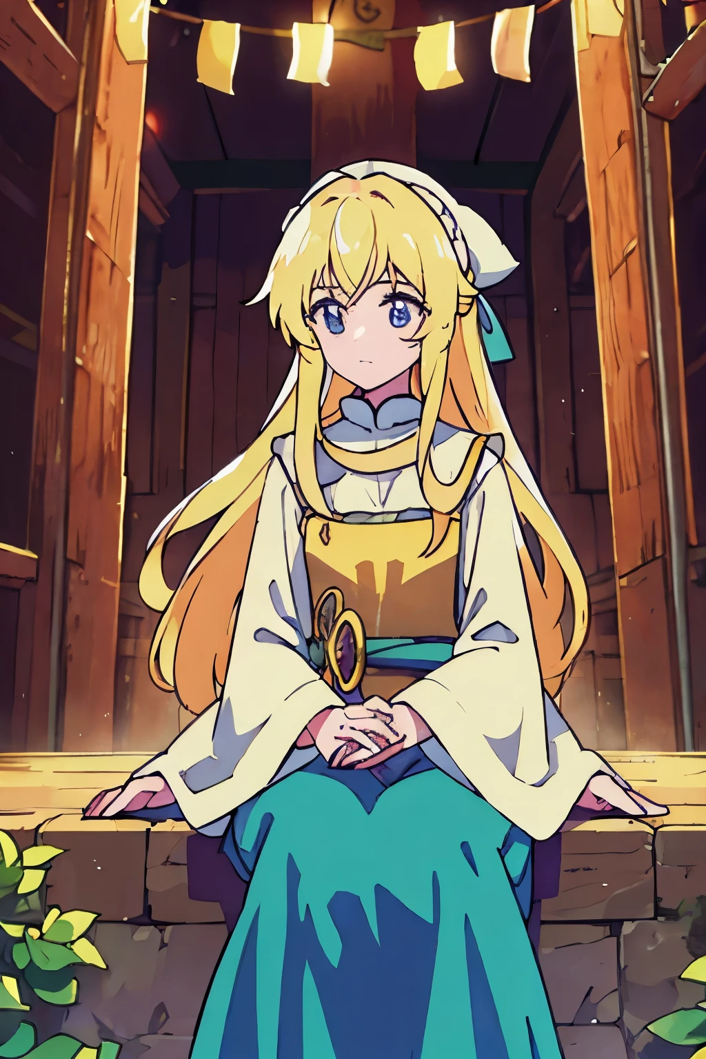 medieval town，long blonde hair，girl。Court dress。