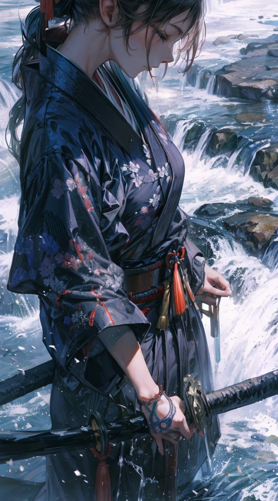 close up, a female samurai meditating under the raging waterfall, perfect body, wide hips, anime realism