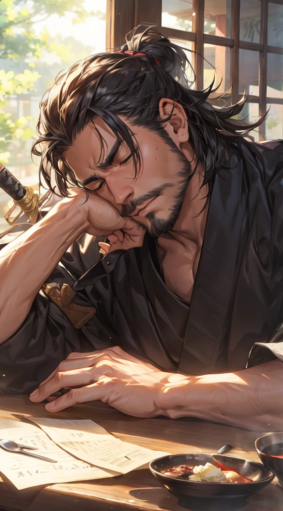 a hungover samurai at the cafe in the morning, sleepy, good looking, light facial hair, weapons, anime realism
