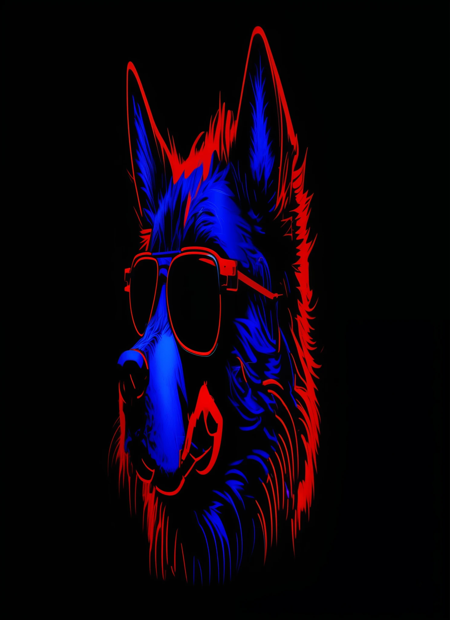 a close up of a dog wearing sunglasses on a black background, red and blue neon, red and blue black light, neon art style, red and blue back light, synthwave art style, looking heckin cool and stylish, synthwave art style ]!!, furry digital art, ultraviolet and neon colors, [ synthwave art style ]!! ]!!, k9