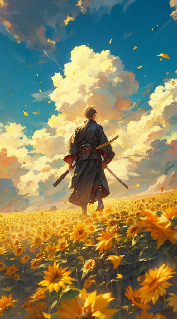a samurai walking through a sunflower field, good looking, serene, weapons, anime realism
