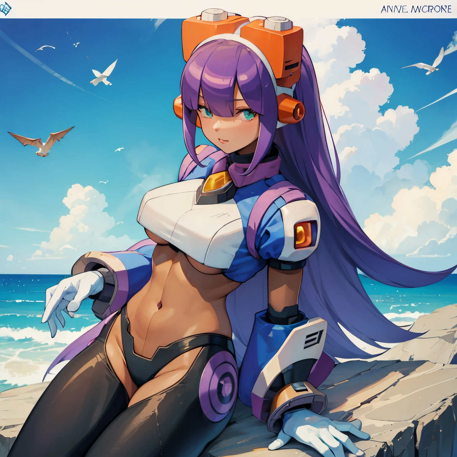 layer_megamanx, 1girl, solo, long hair, purple hair, blunt bangs, hair over eyes, large breasts, dark skin, dark-skinned female, android, underboob, robot ears, overlooking the ocean on the edge of a rock, in the style of avian-themed, realistic yet stylized, villagecore, azure, orange and azure, dragoncore, aerial view