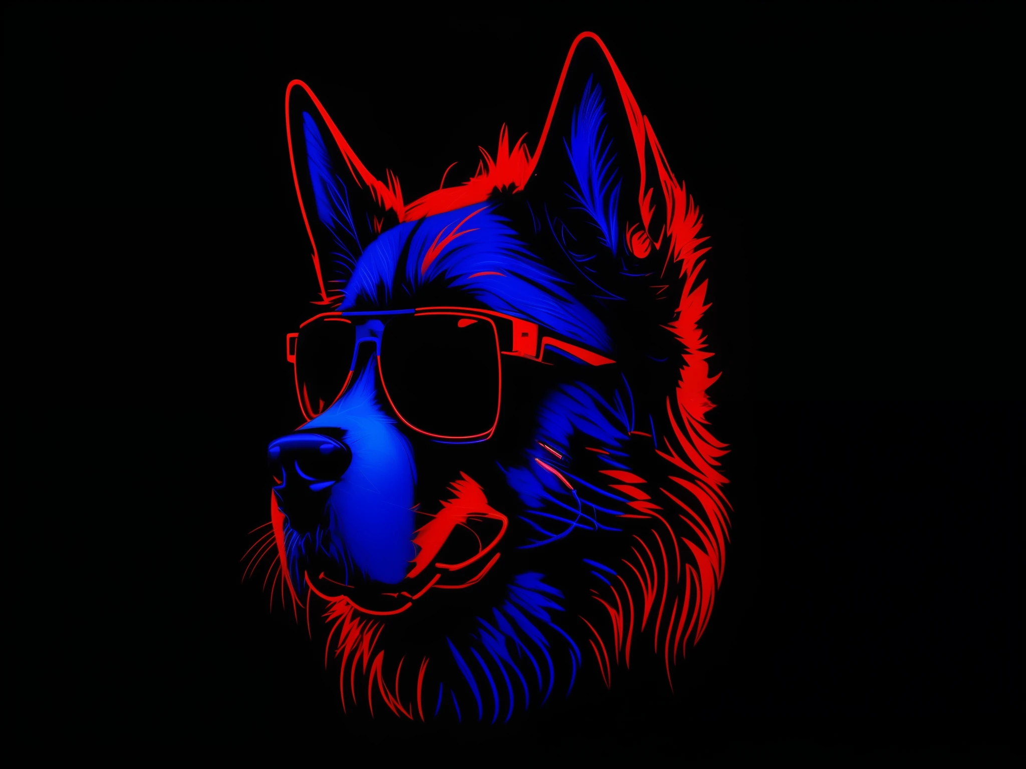 a close up of a dog wearing sunglasses on a black background, red and blue neon, red and blue black light, neon art style, red and blue back light, synthwave art style, looking heckin cool and stylish, synthwave art style ]!!, furry digital art, ultraviolet and neon colors, [ synthwave art style ]!! ]!!, k9