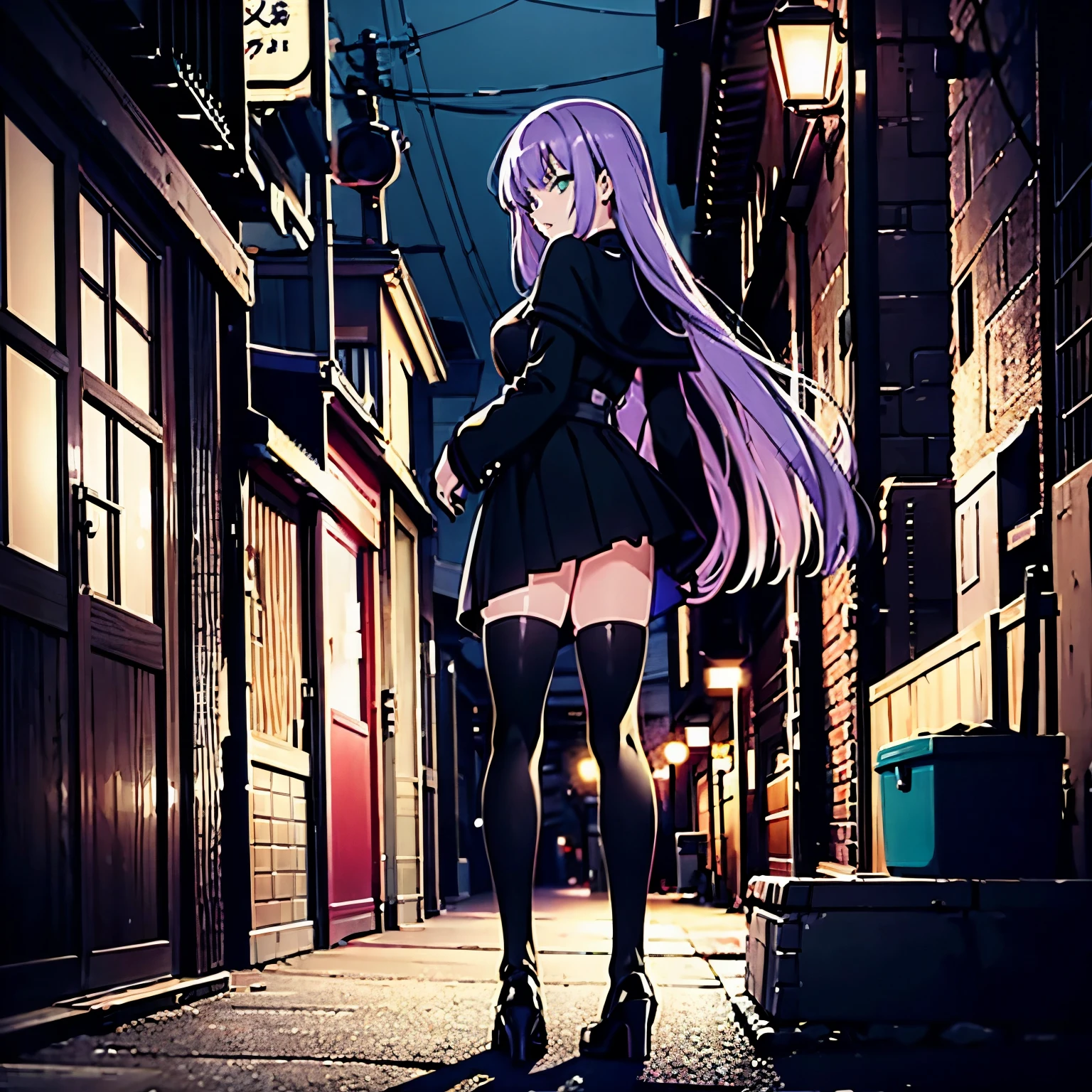 young anime female character, long light purple hair, beautiful light green eyes, around 20 years old, wearing a black coat, a deep purple Gothic skirt, black gloves, black knee-high stockings, deep red Mary Jane shoes, low saturation, back alley background, dark background, Japanese manga art style, dark scene, torture scene, low background lightness, highlight the main character, Christopher Nolan style lighting setting, face to camera, pose towards camera, keep body facing the camera directly, foreground is a bag of garbage