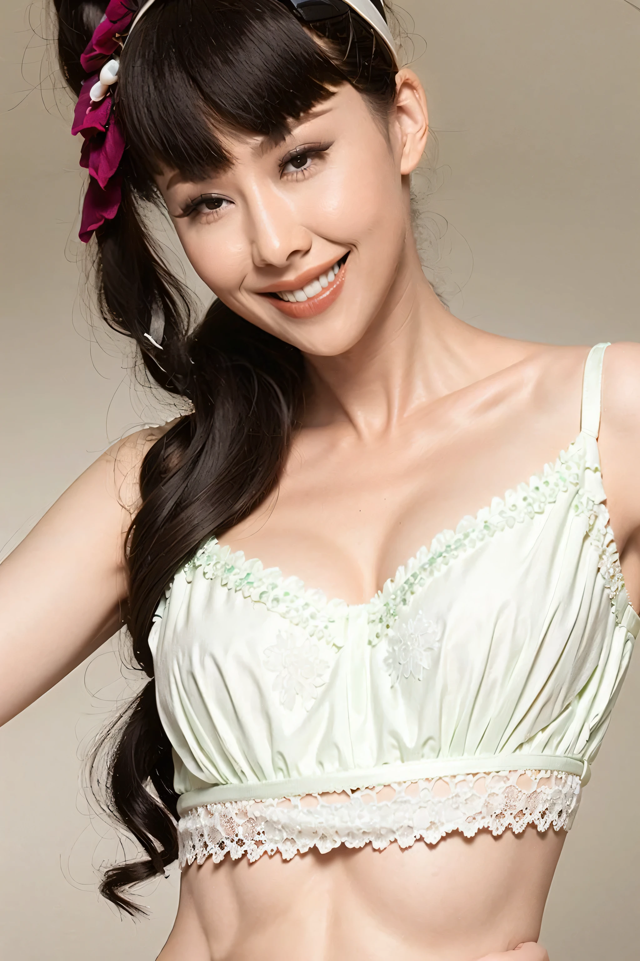 fashion model 20 years old [[[[close up]]]], [[[[neck]]]], [[[[Shoulder]]]], perfect eyes, perfect iris，perfect lips，perfect teeth，Perfect skin，White skin，Soft headlight，High Density Imaging Review，long black hair，（Face is clear and delicate），((white lace underwear))，((Sexy))，(((charming smile)))，((The background is the bedroom))，((Deluxe king bed))，best quality，masterpiece，（pastel colors：1.2）