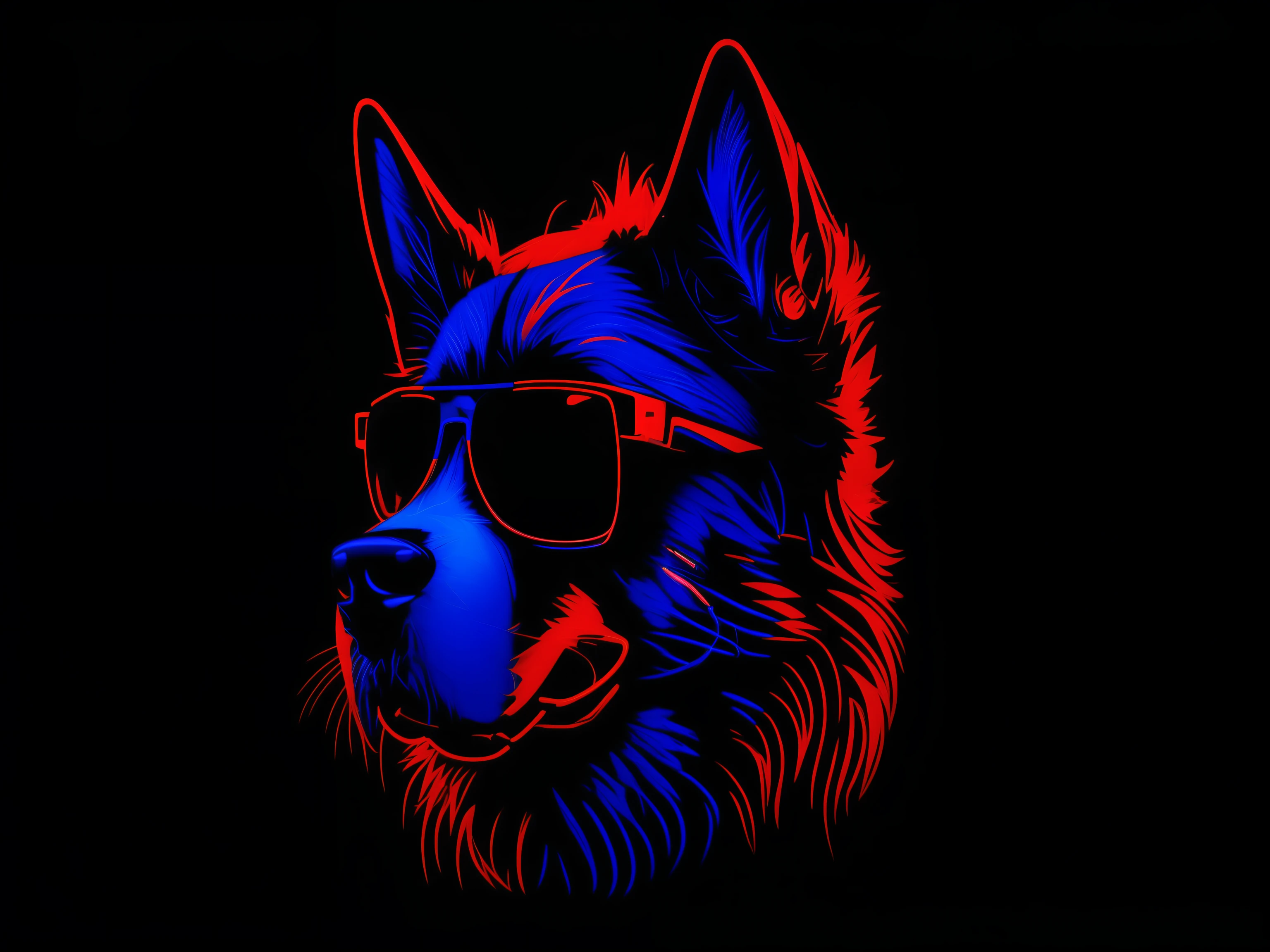 a close up of a dog wearing sunglasses on a black background, red and blue neon, red and blue black light, neon art style, red and blue back light, synthwave art style, looking heckin cool and stylish, synthwave art style ]!!, furry digital art, ultraviolet and neon colors, [ synthwave art style ]!! ]!!, k9