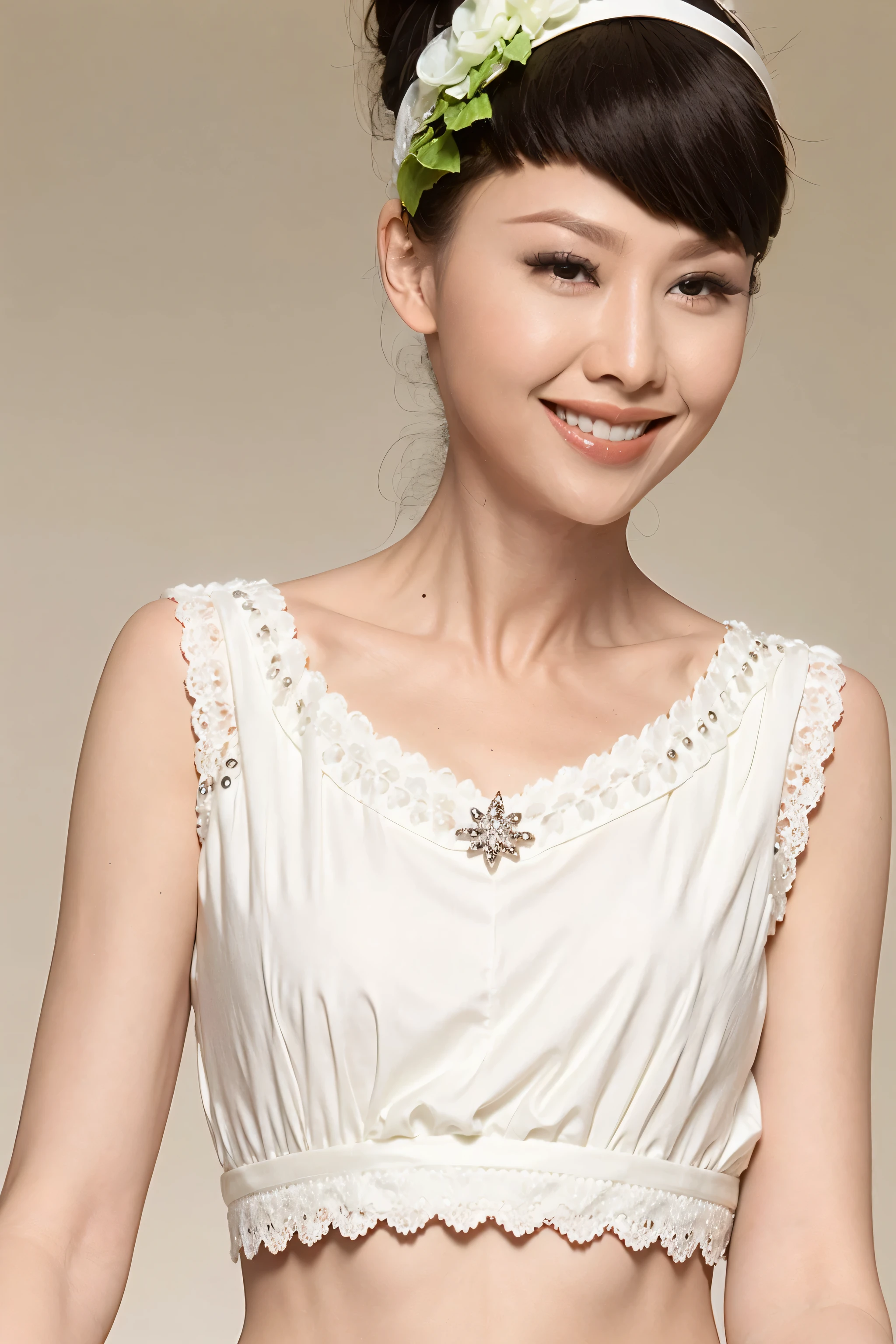fashion model 20 years old [[[[close up]]]], [[[[neck]]]], [[[[Shoulder]]]], perfect eyes, perfect iris，perfect lips，perfect teeth，Perfect skin，White skin，Soft headlight，High Density Imaging Review，long black hair，（Face is clear and delicate），((white lace underwear))，((Sexy))，(((charming smile)))，((The background is the bedroom))，((Deluxe king bed))，best quality，masterpiece，（pastel colors：1.2）