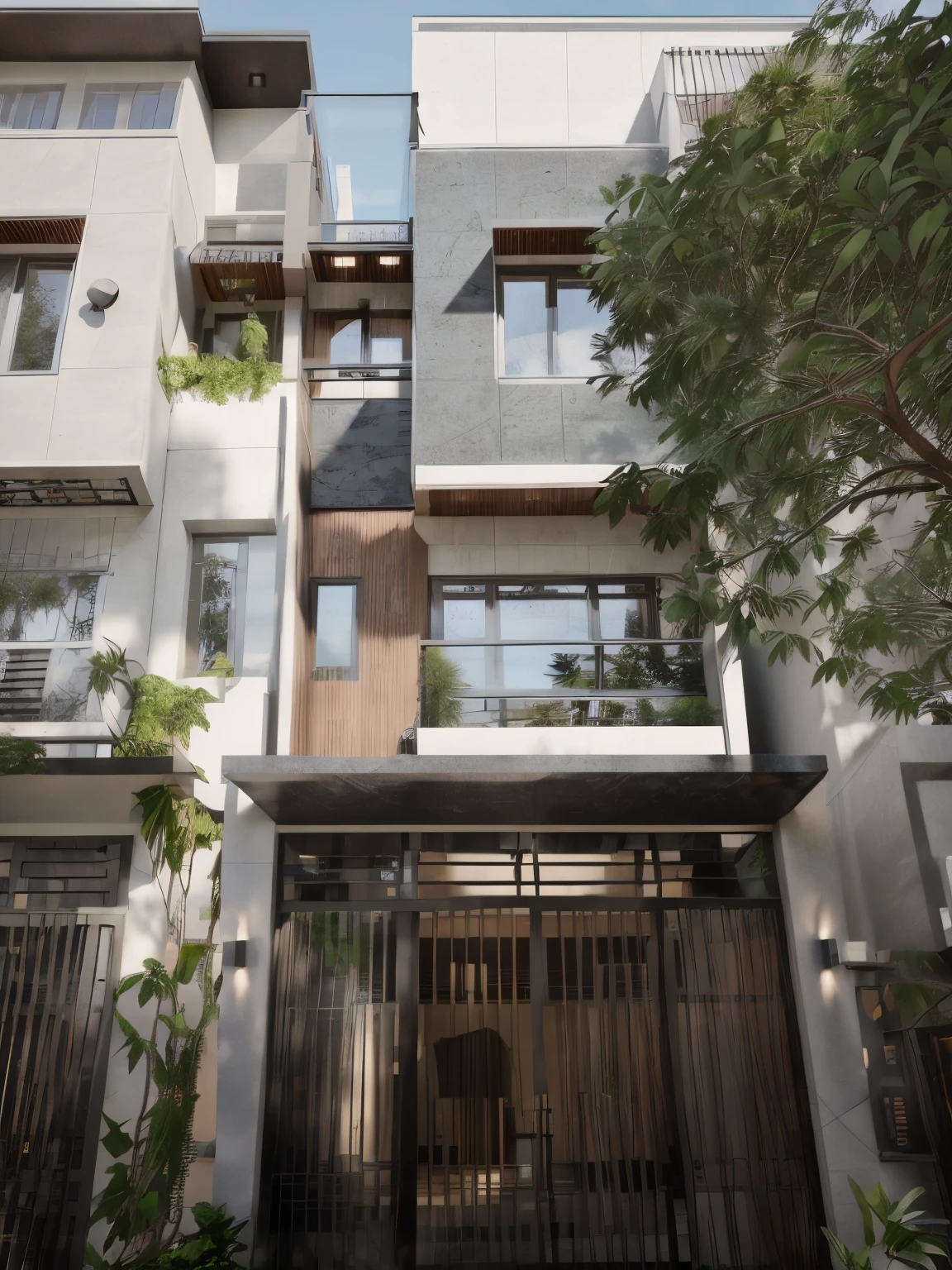 Townhouse in city, (sharp focus) front view of townhouse in style of modern, Vietnamese architecture, east asian architecture, town, blue sky, daylight, warm light, warm atmosphere, high Resolution, 8k, hdr, vray render, hyper realistic, ultra detail, hyper detailed, exterior design professional photography, exterior photography, wide-angle shot, real world location, road sign, cityscape, pavement, (brown wooden ceilings, ceiling light, glass bancony, the front wall of the ground floor is made by black granite), (bancony have many trees, plans, ivy, palm)