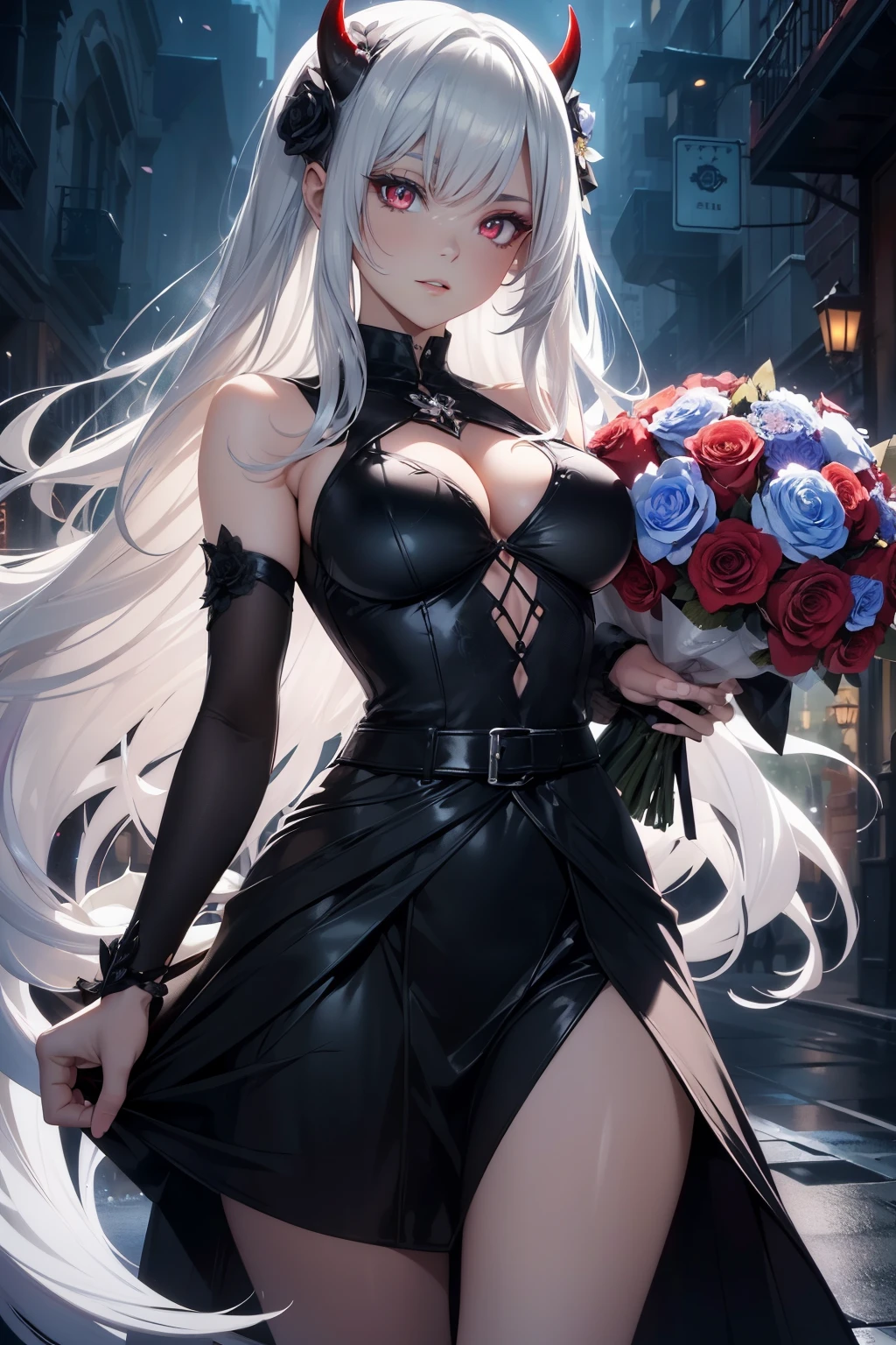 (best quality, 4k, 8k, highres, masterpiece:1.2), ultra-detailed, detailed face, detailed lips and eyes, anime style,
BREAK
Tanin-the-succubus beautiful caucasian woman with straight long (silver hair:1.5), (red eyes:1.3), attractive appearance, detailed face, detailed lips and eyes, goat horns, expressive face, voluptuous, bangs, hair between eyes,
BREAK
beautiful cool warrior girl, ultra detailed transparent water body, glowing blue eyes, imargin/walking from water portal, glowing night street, magical and urban atmosphere, cinematic lighting
BREAK
((A very beautiful demon girl holds a (((large flower bouquet))) in her hands)), (black roses:1.4), (standing on glowing magic circle:1,3), fantastic