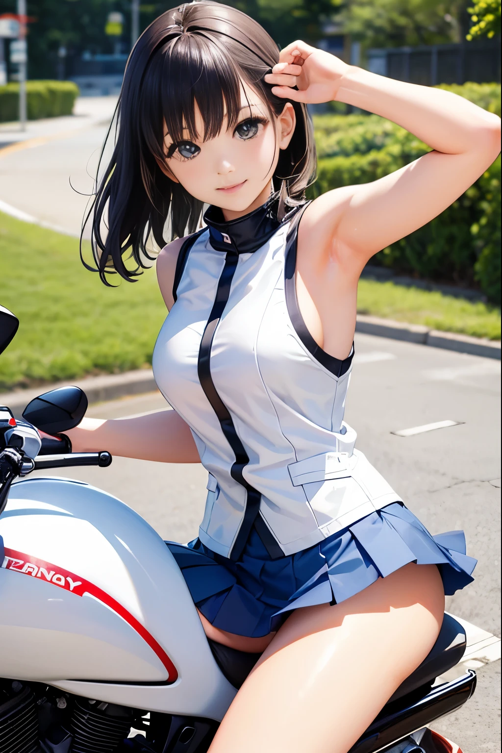 Motorcycle anime girl in short blue mini skirt and blue leather bra、breastsout、White silk panties、blured background、1girl in、Race Queen、Brown ponytail、Ninja、bblurry、A smile、a navel、looking at the viewers、outside of house、Skindentation、tag、solofocus、The bikini、Brown-eyed、swim wears