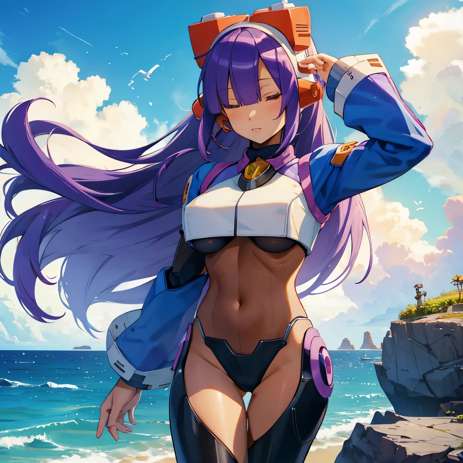layer_megamanx, 1girl, solo, long hair, purple hair, blunt bangs, hair over eyes, large breasts, dark skin, dark-skinned female, android, underboob, robot ears, overlooking the ocean on the edge of a rock, in the style of avian-themed, realistic yet stylized, villagecore, azure, orange and azure, dragoncore, aerial view