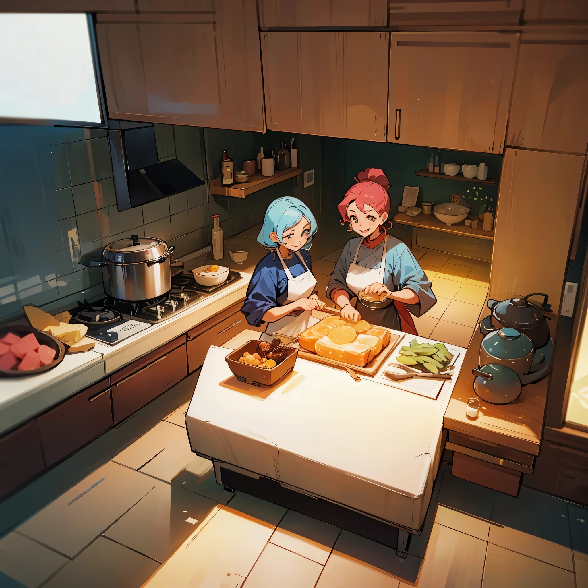 Three beautiful women cooking a meal in a kitchen. They are happy and having fun