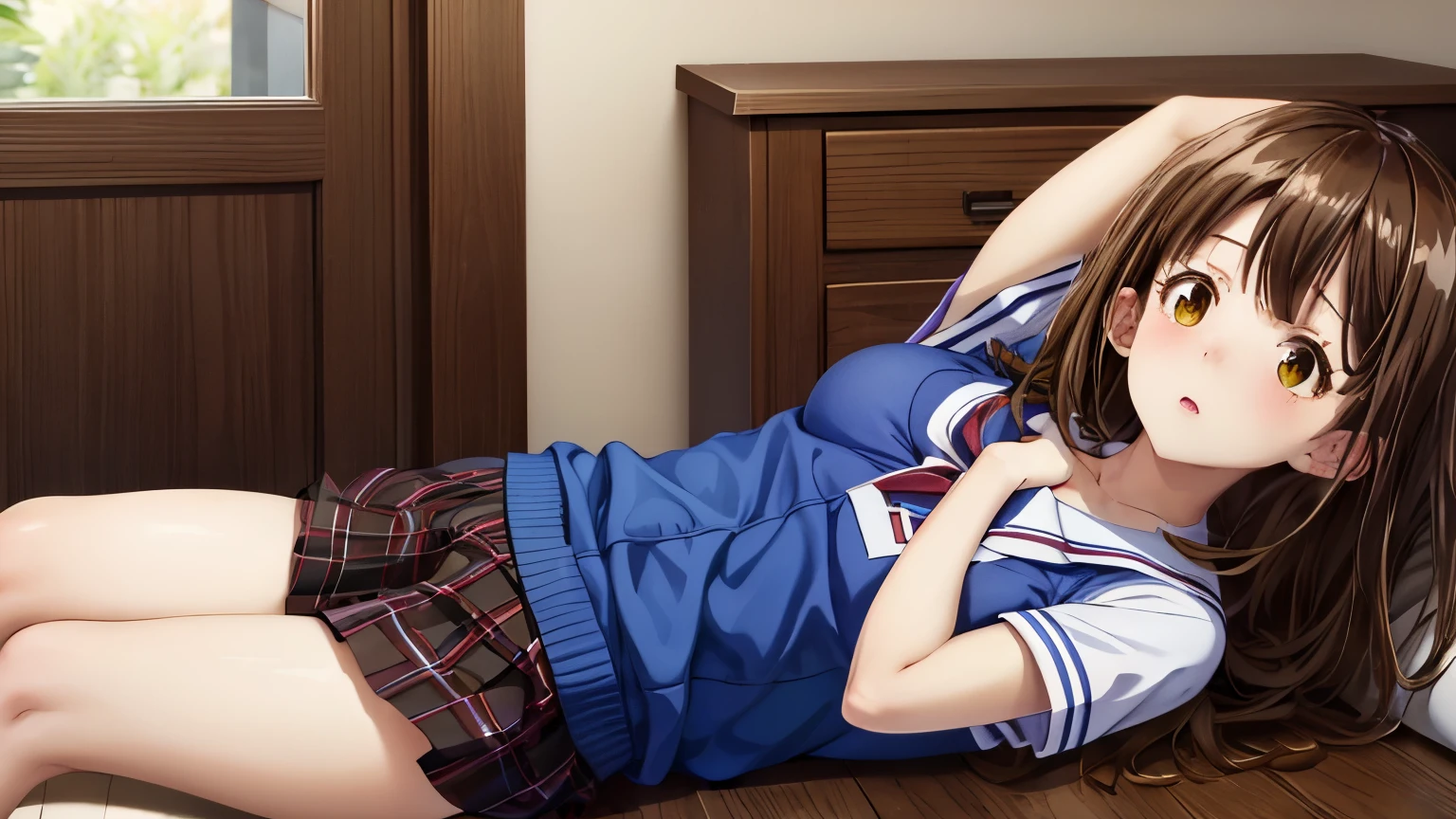 Sayuogiwara, Sayu Ogihara, brown hair, (brown eyes:1.5), medium hair,{{{Girl straddling a bike saddle cushion}}}, sayuogiwara,school uniform,mini skirt,beautiful breasts,,NSFW