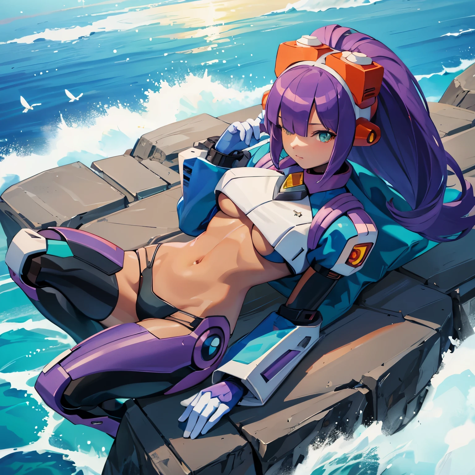 layer_megamanx, 1girl, solo, long hair, purple hair, blunt bangs, hair over eyes, large breasts, dark skin, dark-skinned female, android, underboob, robot ears, overlooking the ocean on the edge of a rock, in the style of avian-themed, realistic yet stylized, villagecore, azure, orange and azure, dragoncore, aerial view