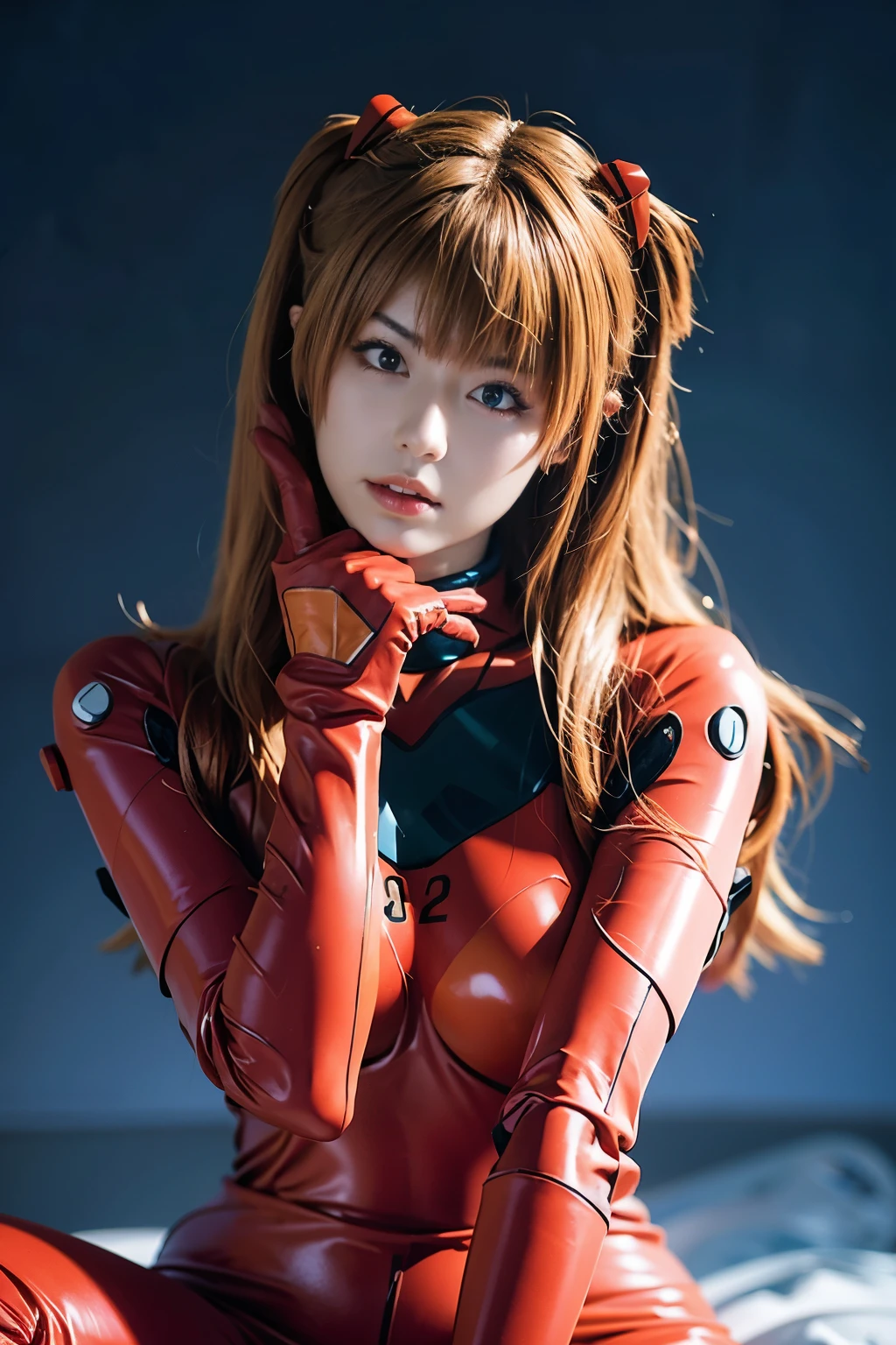 highest quality, masterpiece, realistic, photorealistic, 1 girl, alone, looking at the viewer, whole body, kneel down, long hair, asuka cosplay costume, cosplay, plug suit, body suit, hair ornaments, simple background, 