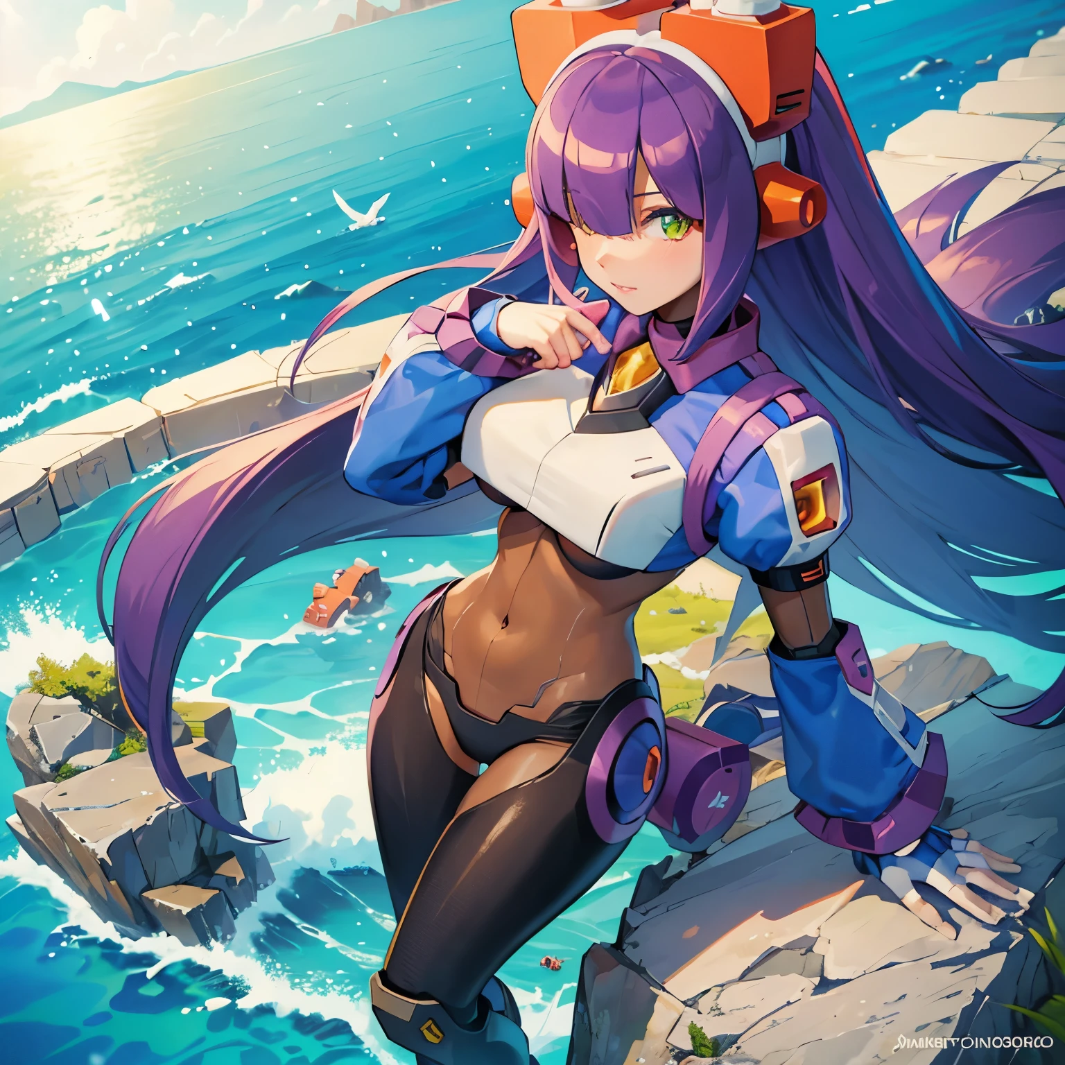 layer_megamanx, 1girl, solo, long hair, purple hair, blunt bangs, hair over eyes, large breasts, dark skin, dark-skinned female, android, underboob, robot ears, overlooking the ocean on the edge of a rock, in the style of avian-themed, realistic yet stylized, villagecore, azure, orange and azure, dragoncore, aerial view