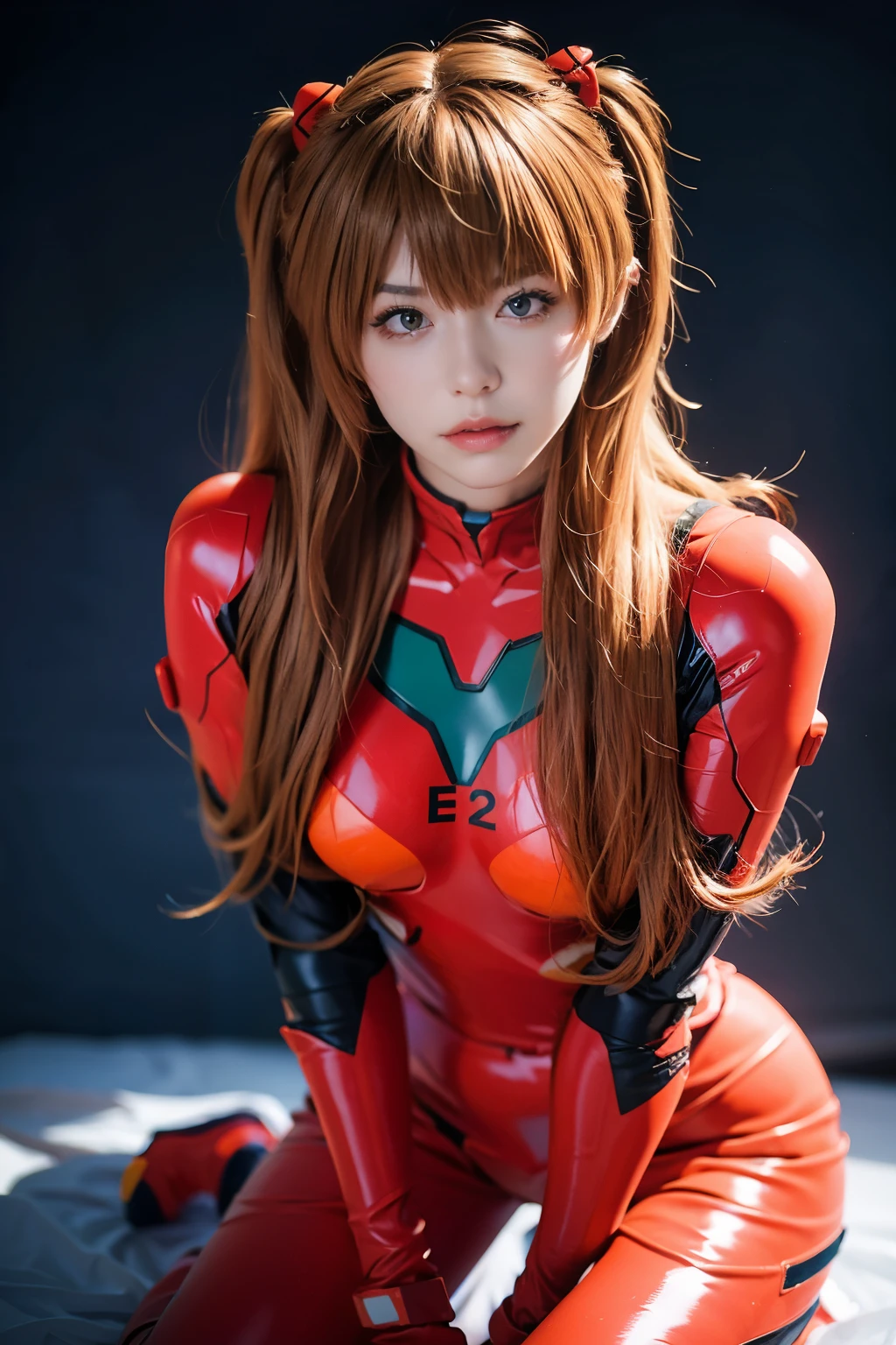 highest quality, masterpiece, realistic, photorealistic, 1 girl, alone, looking at the viewer, whole body, kneel down, long hair, asuka cosplay costume, cosplay, plug suit, body suit, hair ornaments, simple background, 