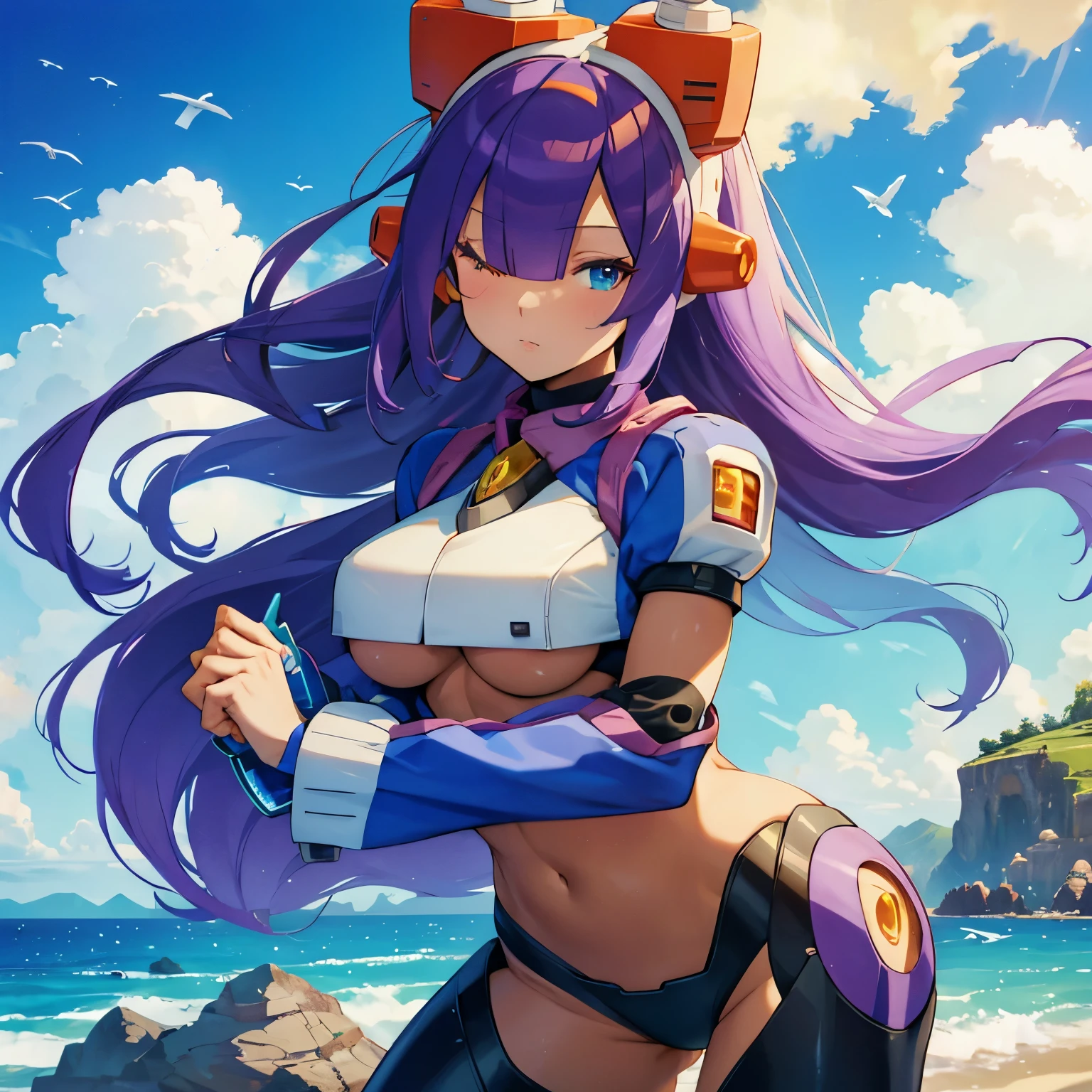 layer_megamanx, 1girl, solo, long hair, purple hair, blunt bangs, hair over eyes, large breasts, dark skin, dark-skinned female, android, underboob, robot ears, overlooking the ocean on the edge of a rock, in the style of avian-themed, realistic yet stylized, villagecore, azure, orange and azure, dragoncore, aerial view