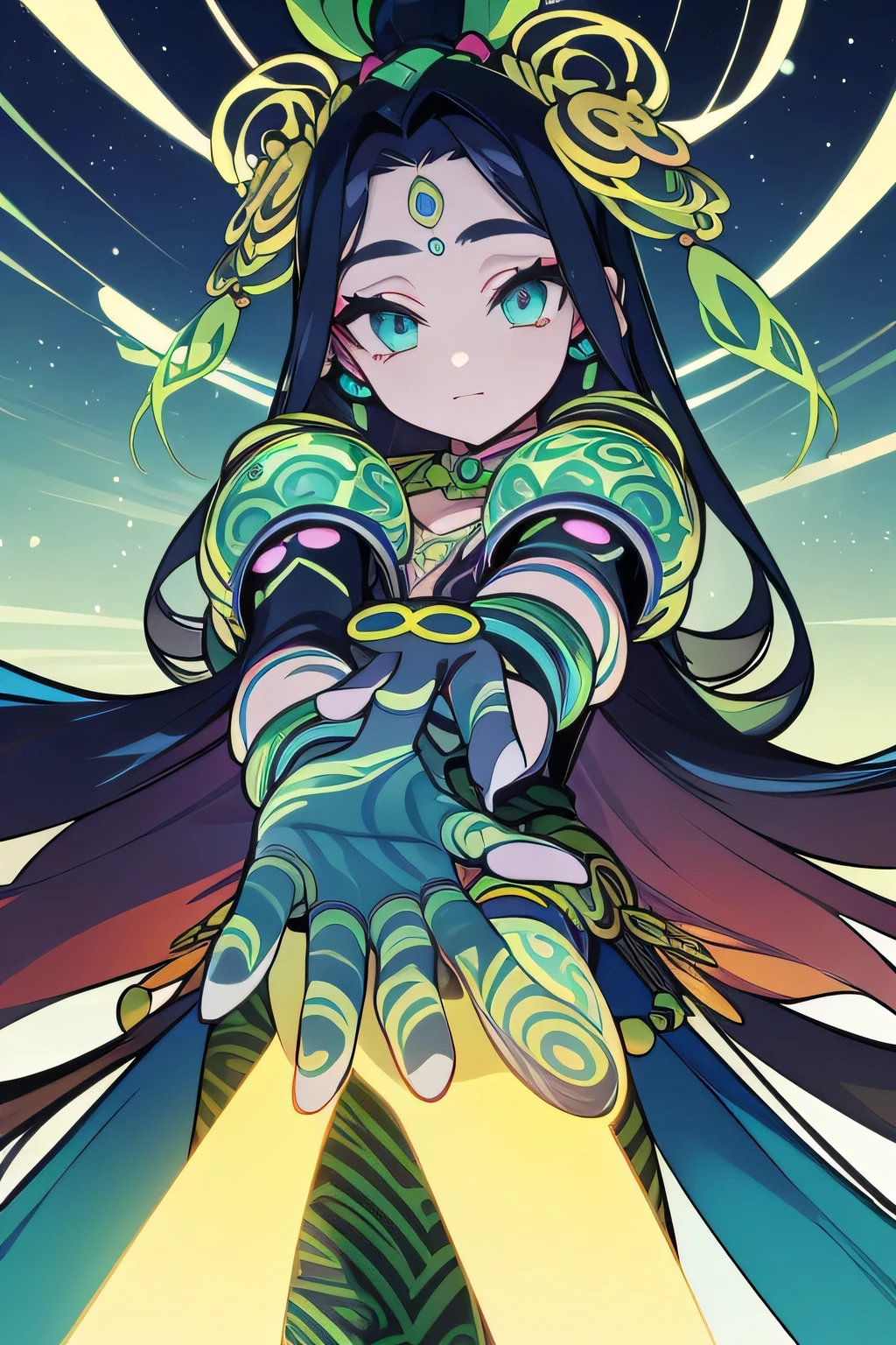 1 girl、Dachen Xinxinjun、Hairstyle with rings on both sides of the head、Goddess of Jupiter、Light green gloves、Suspicious arabesque pattern on hands and arms、(((Very giant Jupiter in the sky in the background)))、