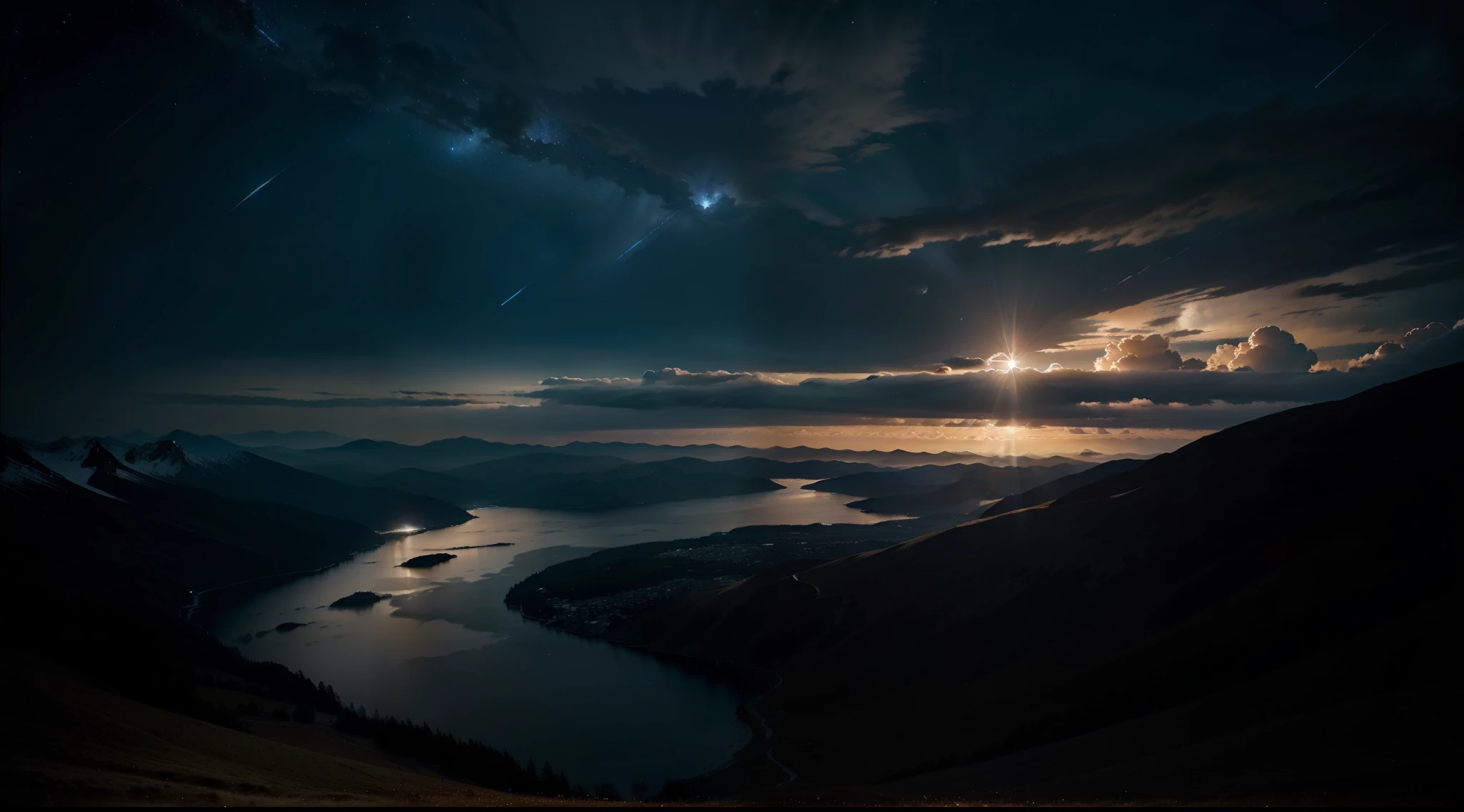 hd, 8k, ultra high definition, Dramatic visuals of the sky in turmoil, with the sun moon and stars visibly dimming, creating a stark contrast between light and shadow that plays across the landscapes below