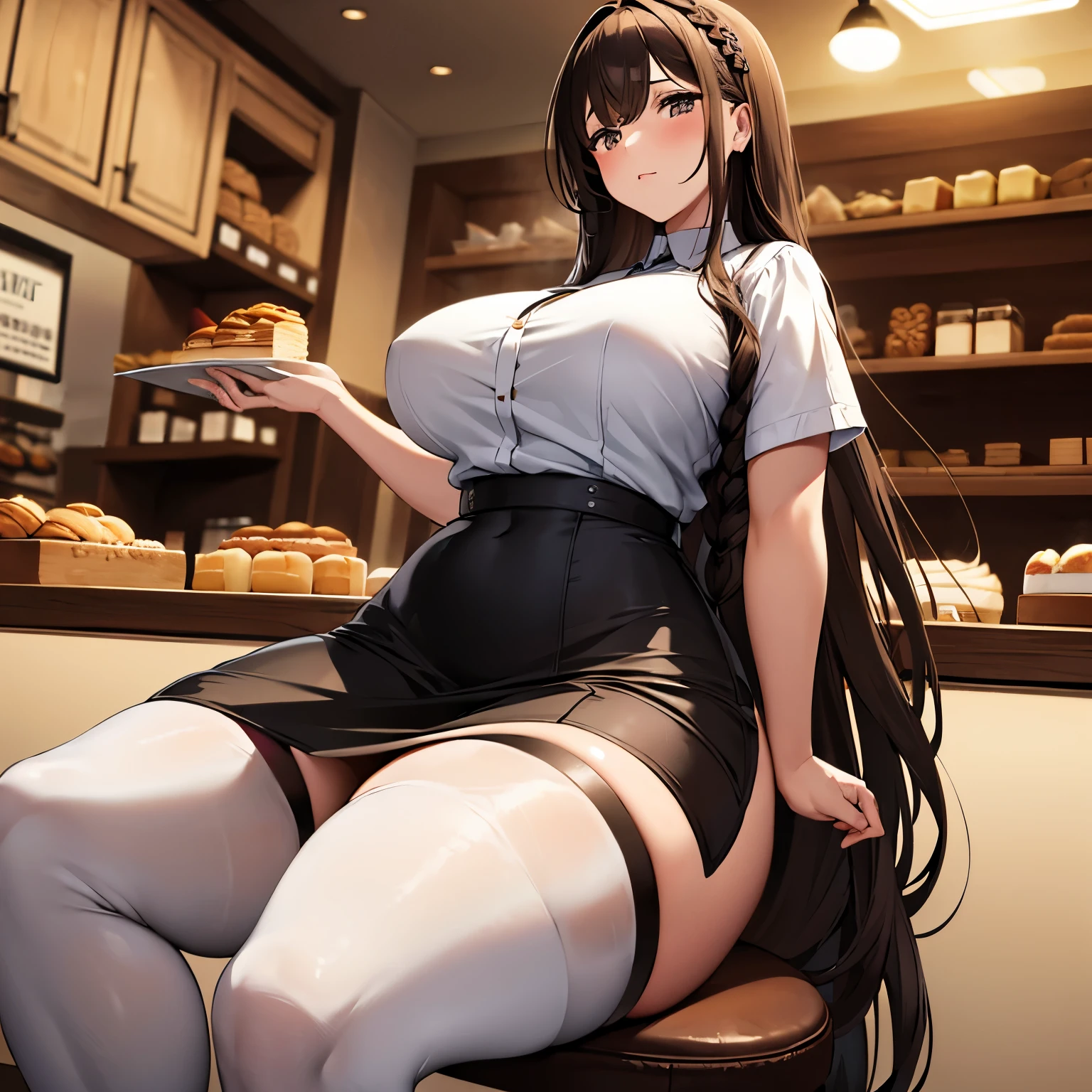 Beautiful brunette girl with long flowing braided hair, in a bakery, wide exaggerated hips, bottom heavy, thick thighs, disproportionately thick thighs, tight clothing, she is wearing a white blouse and a black pencil skirt, thigh highs, garter belt, sitting and eating pastries
