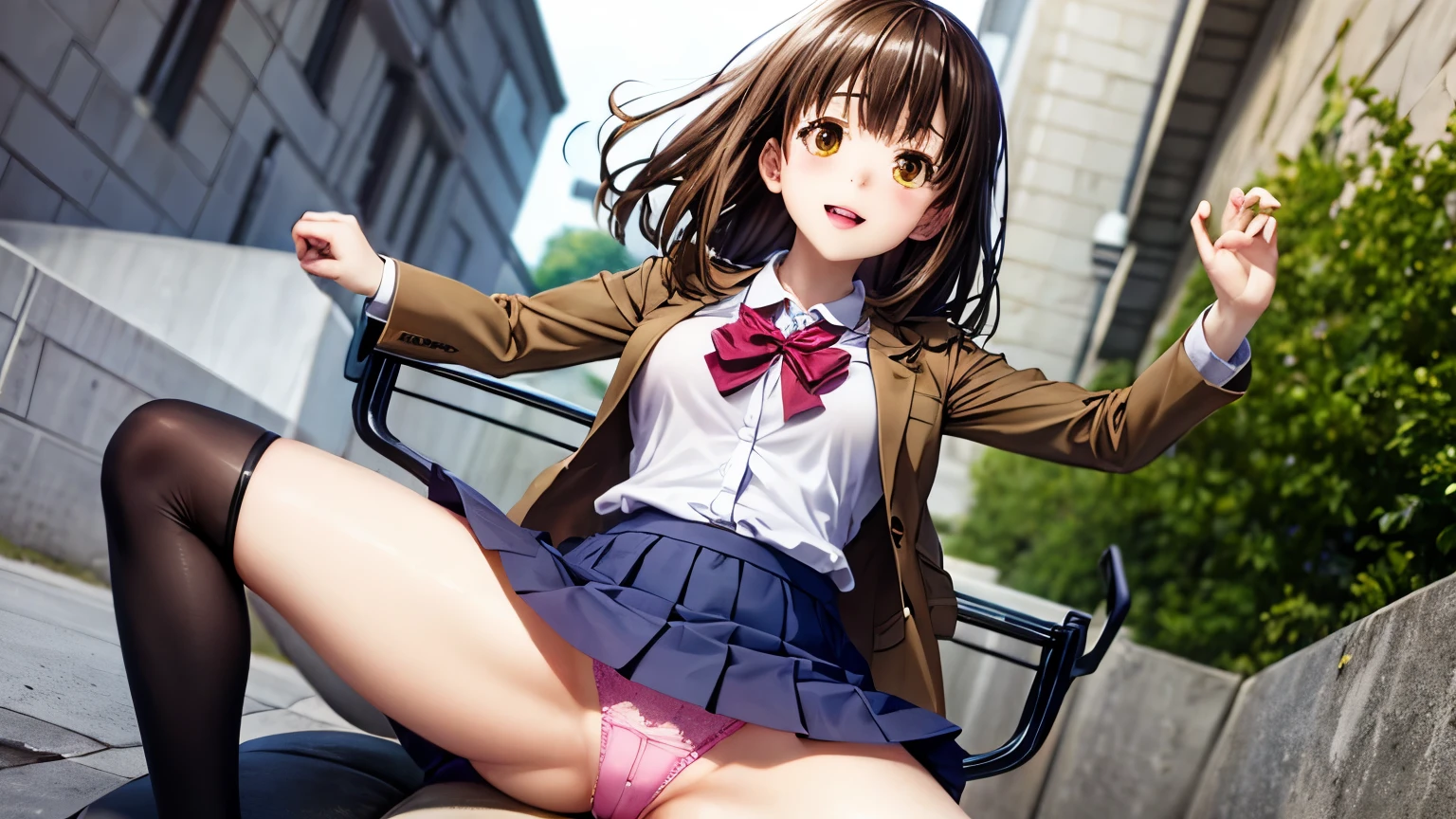 Sayuogiwara, Sayu Ogihara, brown hair, (brown eyes:1.5), medium hair,{{{Girl straddling a bike saddle cushion}}}, sayuogiwara,school uniform,mini skirt,beautiful breasts,,NSFW,Very embarrassing panic smile, (The wind flipped my skirt and exposed my butt.........................、touch your butt with both hands、pink floral lace panties)、