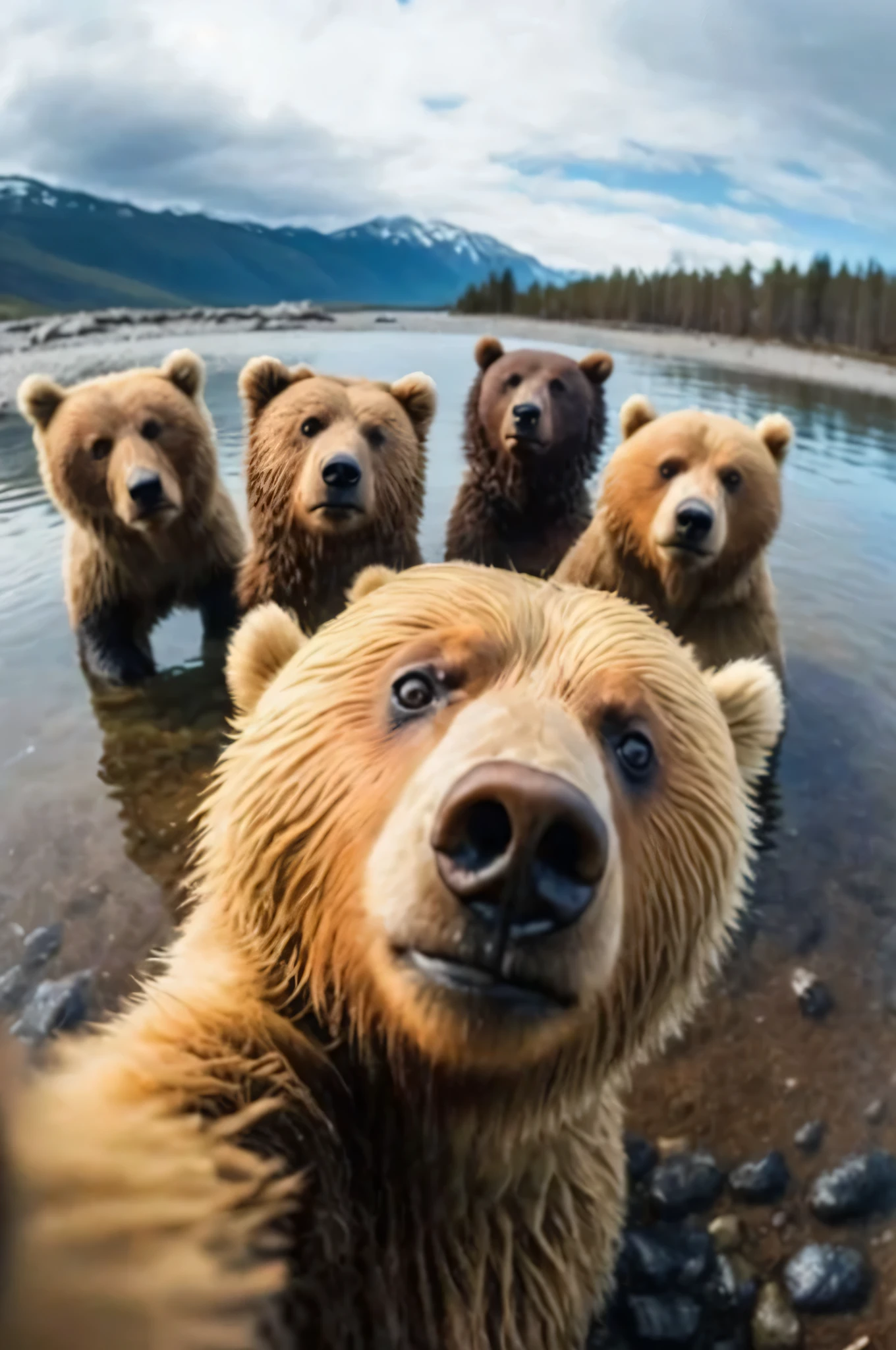 there are five bears standing in the water near a mountain, bears, accidentally taking a selfie, selfie!!!!!, taking a selfie, all looking at camera, the last selfie ever taken, accidental selfie, selfie photo, selfie photography, instagram selfie, selfie shot straight on angle, staring in the camera, staring at the camera, looking directly at the camera