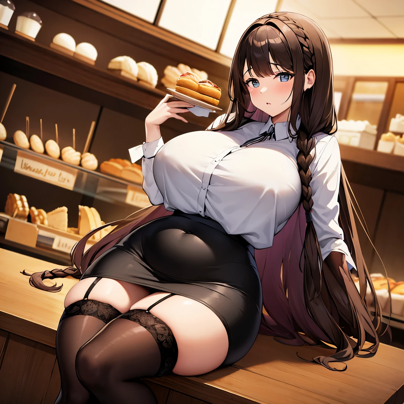 Beautiful brunette girl with long flowing braided hair, in a bakery, wide exaggerated hips, bottom heavy, thick thighs, disproportionately thick thighs, tight clothing, she is wearing a white blouse and a black pencil skirt, thigh highs, garter belt, sitting and eating pastries, she's a little chubby, chubby belly