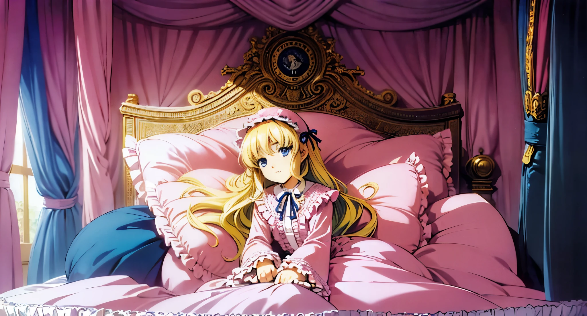 ,highest quality, masterpiece, highest resolution, artwork, super それにget used to it, many get used to it, get used to it, それにget used to it, 3K anime illustration,(( 10 year old girl)),Super detailed baby face,high quality small face,long blonde hair that grows to the waist,blue eyes,白い肌のeuropean,pajamas, european,(((super long blonde hair))),curly hair,blue eyes,((((ピンクのロリータファッションのlong skirtのワンピースドレス)))),((Pink dress with plenty of frills and ribbons)),((Luxurious headdress with frills and ribbons)),Detailed headdress,,(((big yoke collar))),Yoke collar with ruffles and ribbons,((((long sleeve)))),ruffle sleeves,((((long skirt)))),white ruffle and lace socks,large frill and ribbon pillow,(((fine pink costume))),豪華なcanopy bedの上,canopy bed,The bed is surrounded by luxurious curtains,many frilly pillows on the bed,A lot of frilly pillows behind the girl,super detailed background,detailed bed,soft pink comforter,Super detailed soft ruffle pillow,Beautiful girl illustration,detailed beautiful face,detailed hair,detailed eye ,detailed eyes,Detailed eye highlights,detailed mouth, arm details,fine hands,Detailed pillow,wide bed,Illustration on the bed, ,((((round futon)))),((((A large ruffled futon that covers the entire bed)))),detailed comforter,detailed bedシーツ,Before bedtime,romantic atmosphere,palace bedroom,((((The lower half of the body is hidden under the futon and the puffy skirt...)))) The girl is leaning on a pile of pillows, ,((((round futon)))),((((A large futon with frills that covers the entire bed)))),