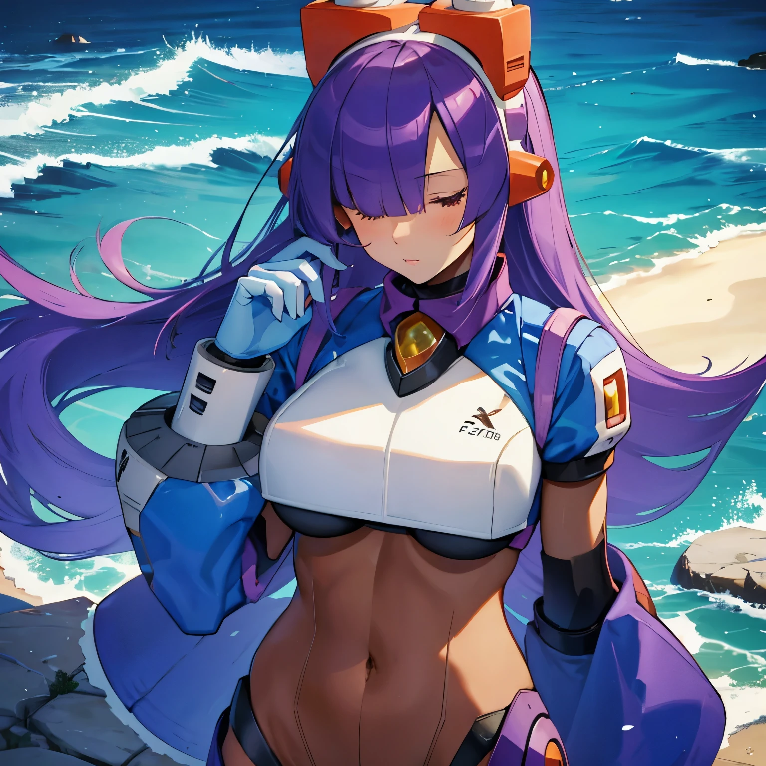 layer_megamanx, 1girl, solo, long hair, purple hair, blunt bangs, hair over eyes, large breasts, dark skin, dark-skinned female, android, underboob, robot ears, overlooking the ocean on the edge of a rock, in the style of avian-themed, realistic yet stylized, villagecore, azure, orange and azure, dragoncore, aerial view