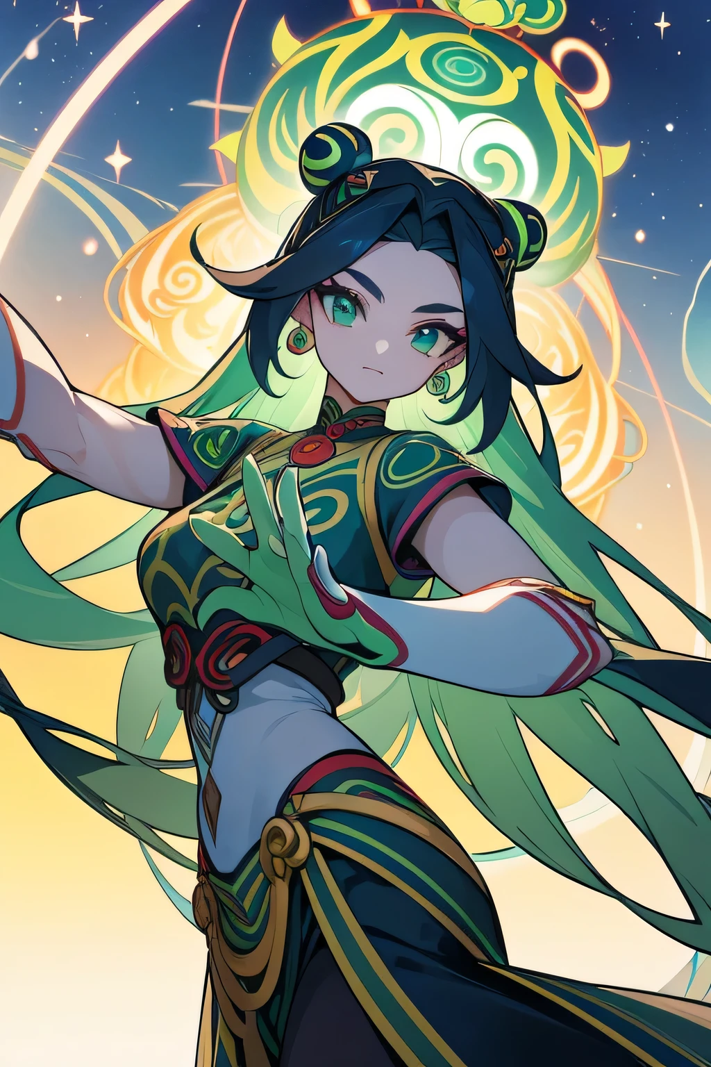 1 girl、Dachen Xinxinjun、Hairstyle with rings on both sides of the head、Goddess of Jupiter、Light green gloves、Suspicious arabesque pattern on hands and arms、(((Very giant Jupiter in the sky in the background)))、