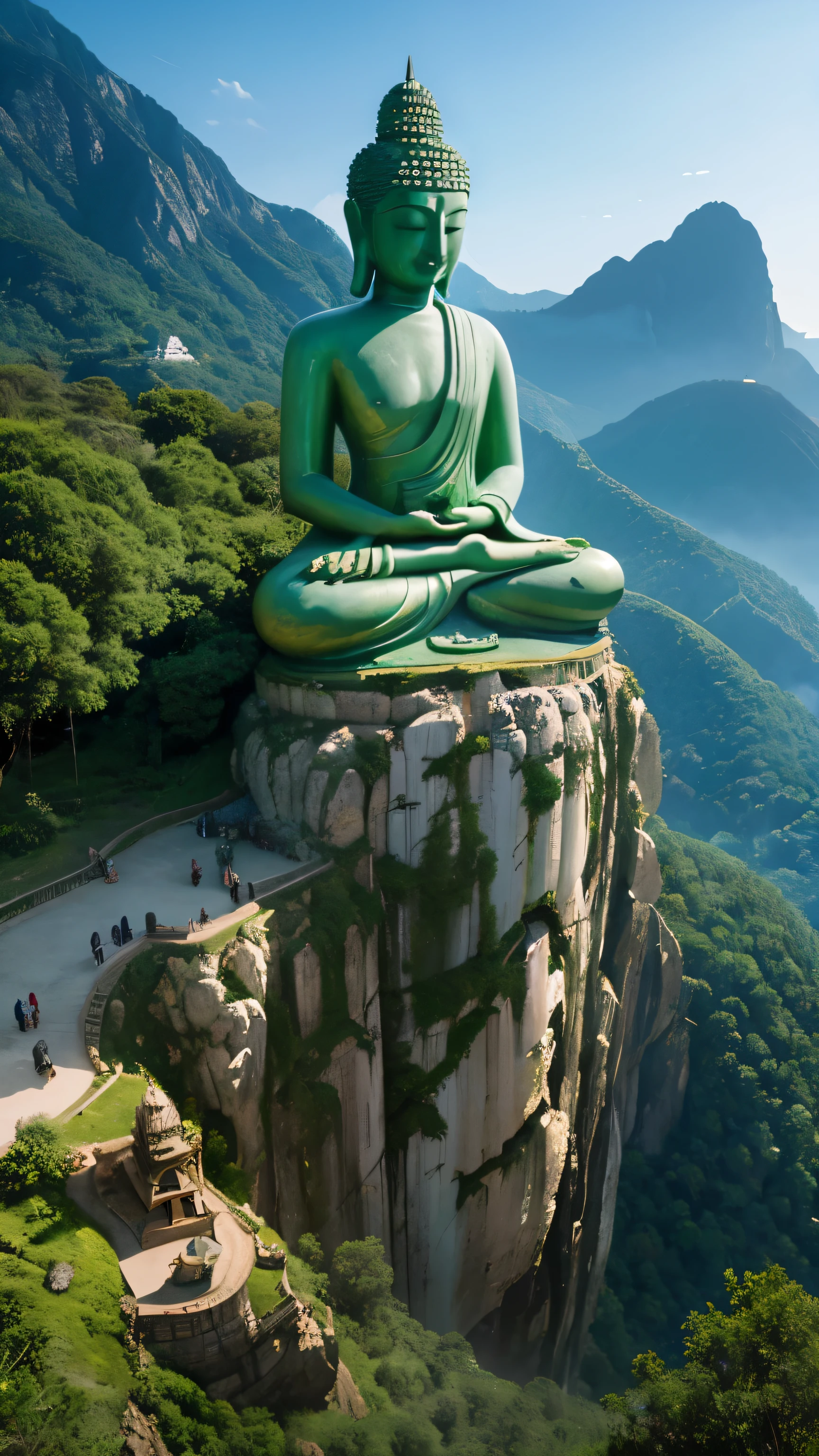 The green Buddha statue on the top of the mountain blends into the mountain, Surrealistic atmosphere style, video clip, Indian Art and Architecture, fine dust, exaggerated facial features, trip, aerial view-ar 9:16-v6, Surrealism, realism, external