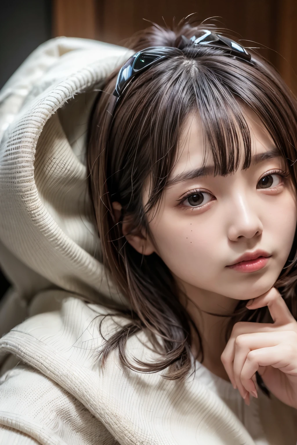 detailed face, cute face,brown eye, master piece , best quality , (girl) , japanese , (sleeping on one's side) , from front , blouse , skirt