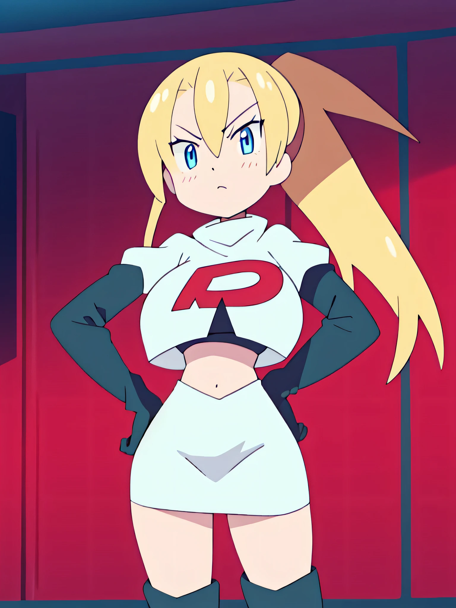 8k, anime screencap,1girl in, (solo:1.1), (perfect body:1.1), (best quality:1.1), very large breast, team rocket uniform, red letter r, white skirt,white crop top,black thigh-high boots, black elbow gloves, glaring angrily, looking down at viewer, hands on hips,zettai ryouiki,cowboy shot