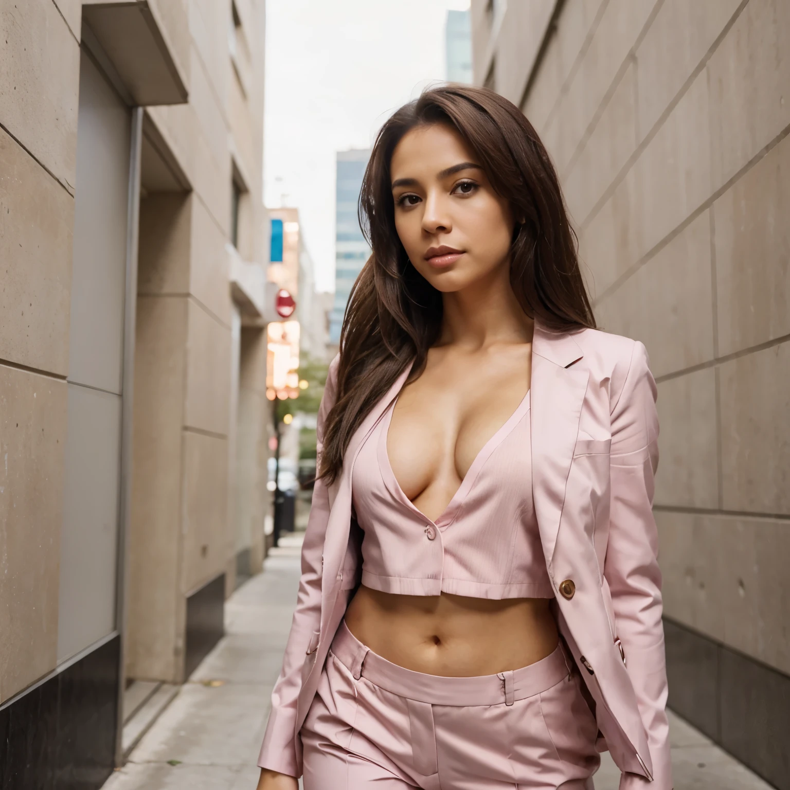 Confident looking business woman, light skin, Hispanic body, wearing pink suit dark brown medium length hair