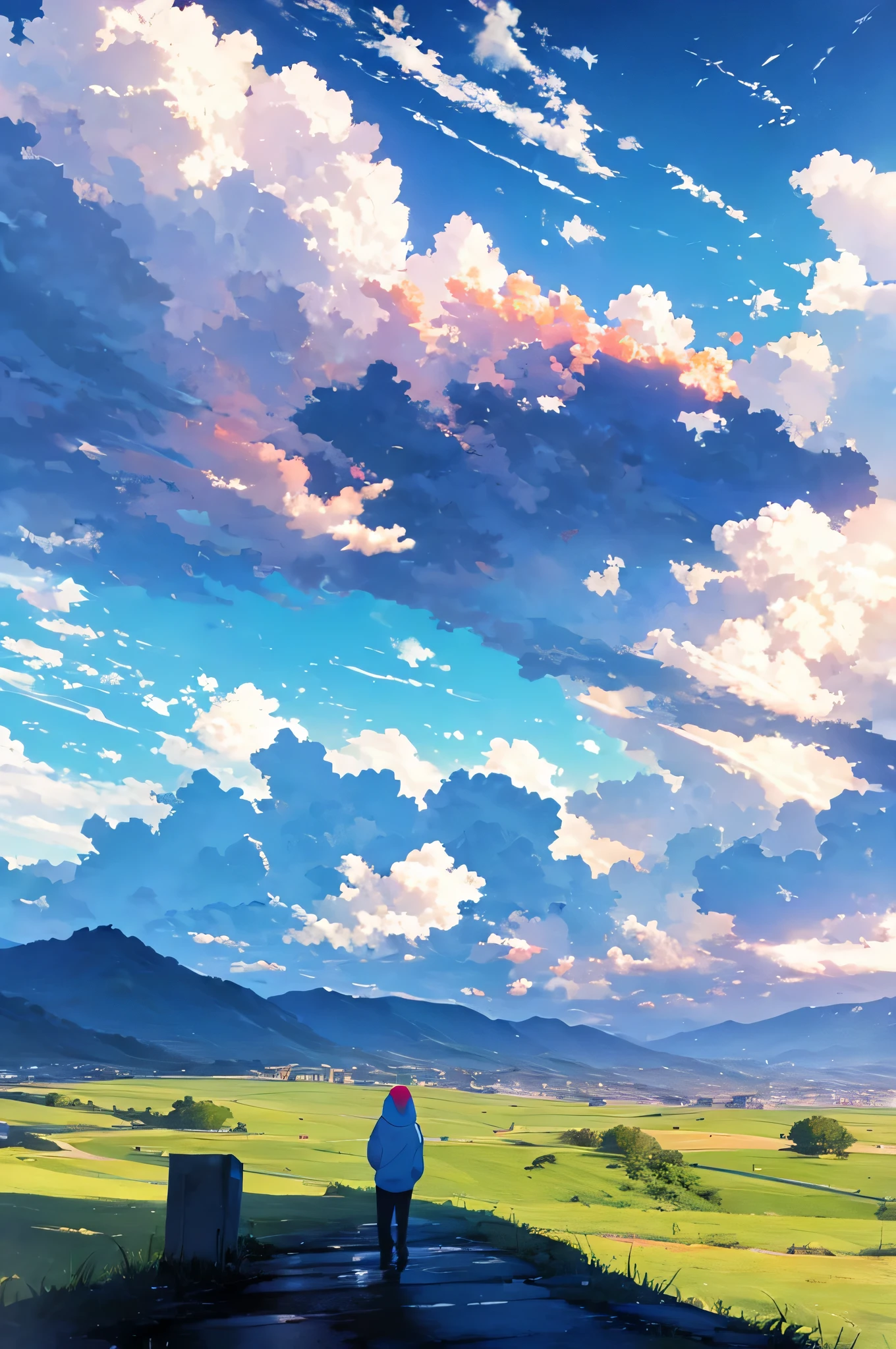 1 boy, clouds mountain background, wearing white oversize hoodie, angel, no face, high resolution, 4k, 8k, UHD, aura, purple aura coming out of hands, standing in middle of sparkling clouds, facing away, wind blowing fast