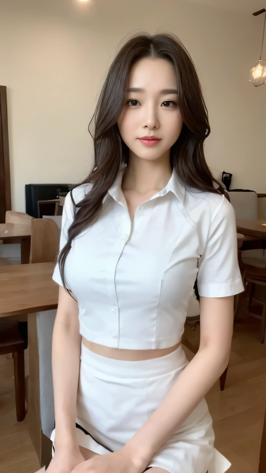 ((top-quality、8k、masterpiece:1.3))、Beautiful woman with perfect body:1.4、slim abdomen:1.2、Longhair, normal breast, Highly detailed facial and skin texture, A detailed eye, delicate eyes, double eyelid, (smile), (full body shot), ((cafe 1.1)), (sitting on chair), (((wearing white uniform)), looking in front