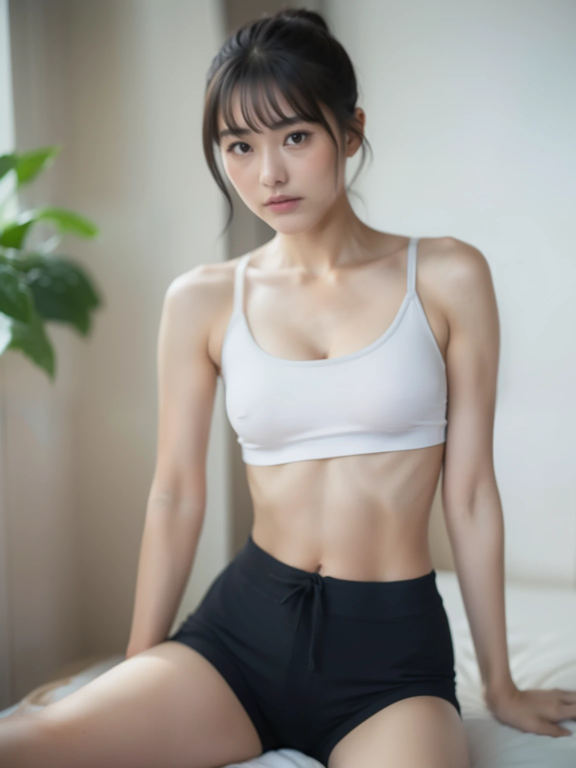 (kneesをついて座る，knees)，young，(shorts)，gray sports bra，teenage girl，Delicate body， body，Delicate body，，small breasts，short，black haired，twin tails，ponytail, (カメラに顔とbodyを真正面に向けている:1.5), (開脚:1.5)