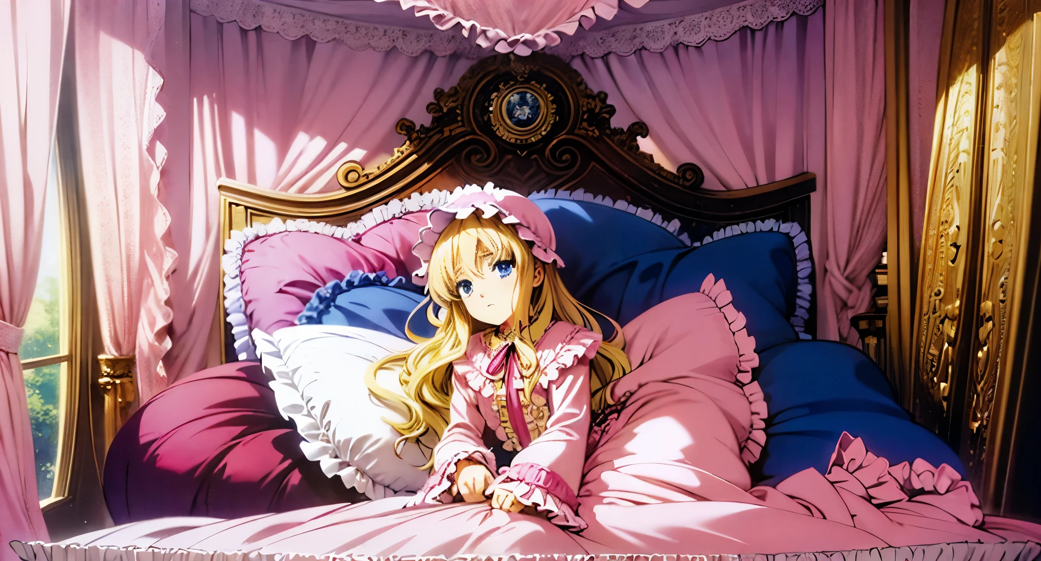 ,highest quality, masterpiece, highest resolution, artwork, super それにget used to it, many get used to it, get used to it, それにget used to it, 3K anime illustration,(( 10 year old girl)),Super detailed baby face,high quality small face,long blonde hair that grows to the waist,blue eyes,白い肌のeuropean,pajamas, european,(((super long blonde hair))),curly hair,blue eyes,((((ピンクのロリータファッションのlong skirtのワンピースドレス)))),((Pink dress with plenty of frills and ribbons)),((Luxurious headdress with frills and ribbons)),Detailed headdress,,(((big yoke collar))),Yoke collar with ruffles and ribbons,((((long sleeve)))),ruffle sleeves,((((long skirt)))),white ruffle and lace socks,large frill and ribbon pillow,(((fine pink costume))),豪華なcanopy bedの上,canopy bed,The bed is surrounded by luxurious curtains,many frilly pillows on the bed,A lot of frilly pillows behind the girl,super detailed background,detailed bed,soft pink comforter,Super detailed soft ruffle pillow,Beautiful girl illustration,detailed beautiful face,detailed hair,detailed eye ,detailed eyes,Detailed eye highlights,detailed mouth, arm details,fine hands,Detailed pillow,wide bed,Illustration on the bed, ,((((round futon)))),((((A large ruffled futon that covers the entire bed)))),detailed comforter,detailed bedシーツ,Before bedtime,romantic atmosphere,palace bedroom,((((The lower half of the body is hidden under the futon and the puffy skirt...)))) The girl is leaning on a pile of pillows, ,((((round futon)))),((((A large futon with frills that covers the entire bed)))),
