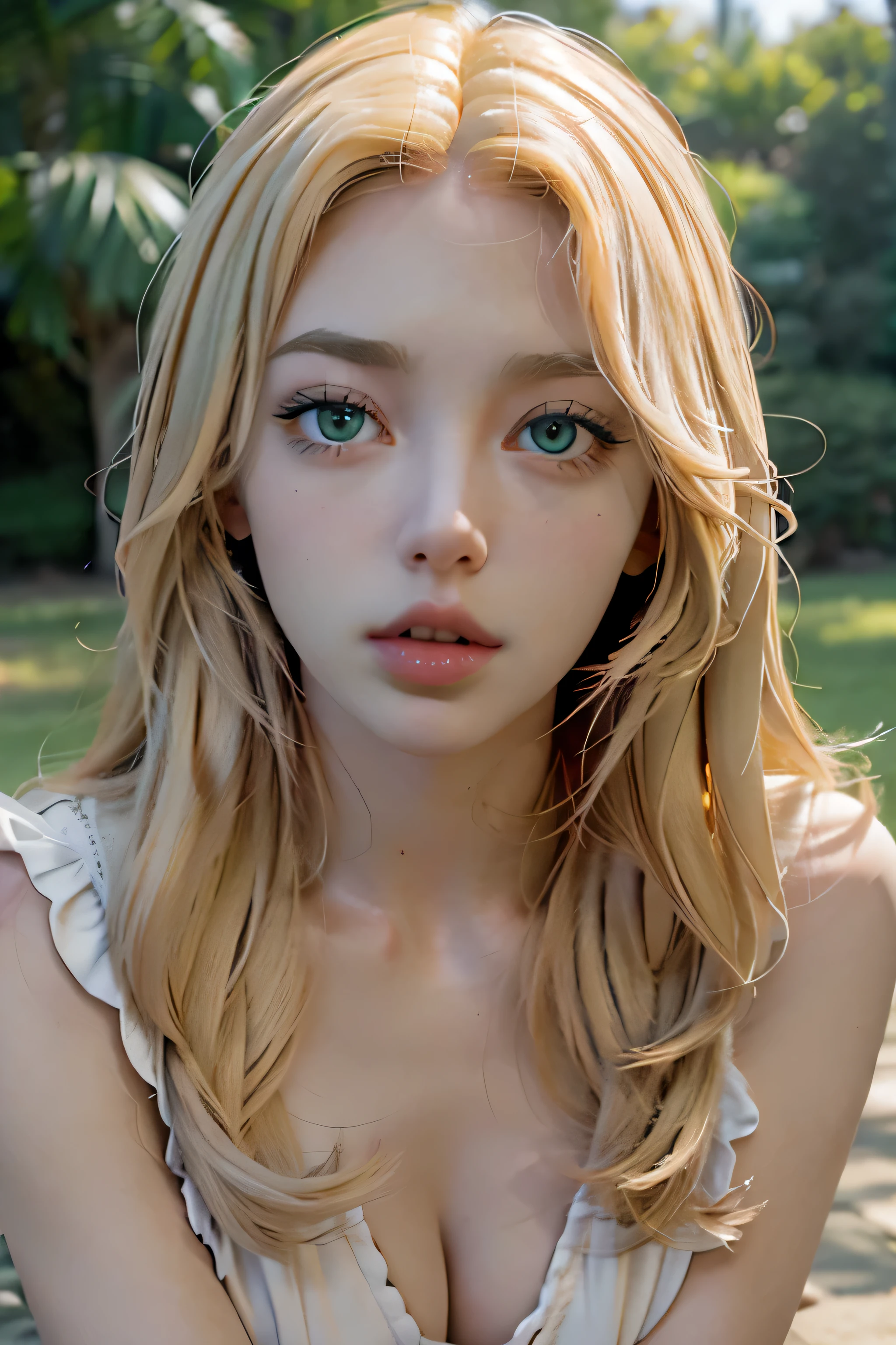 masterpiece, lip gloss, 1 girl, blonde, green eyes, thin, hd, sexy, ultrasharp, high res, 8k, hd, blowjob