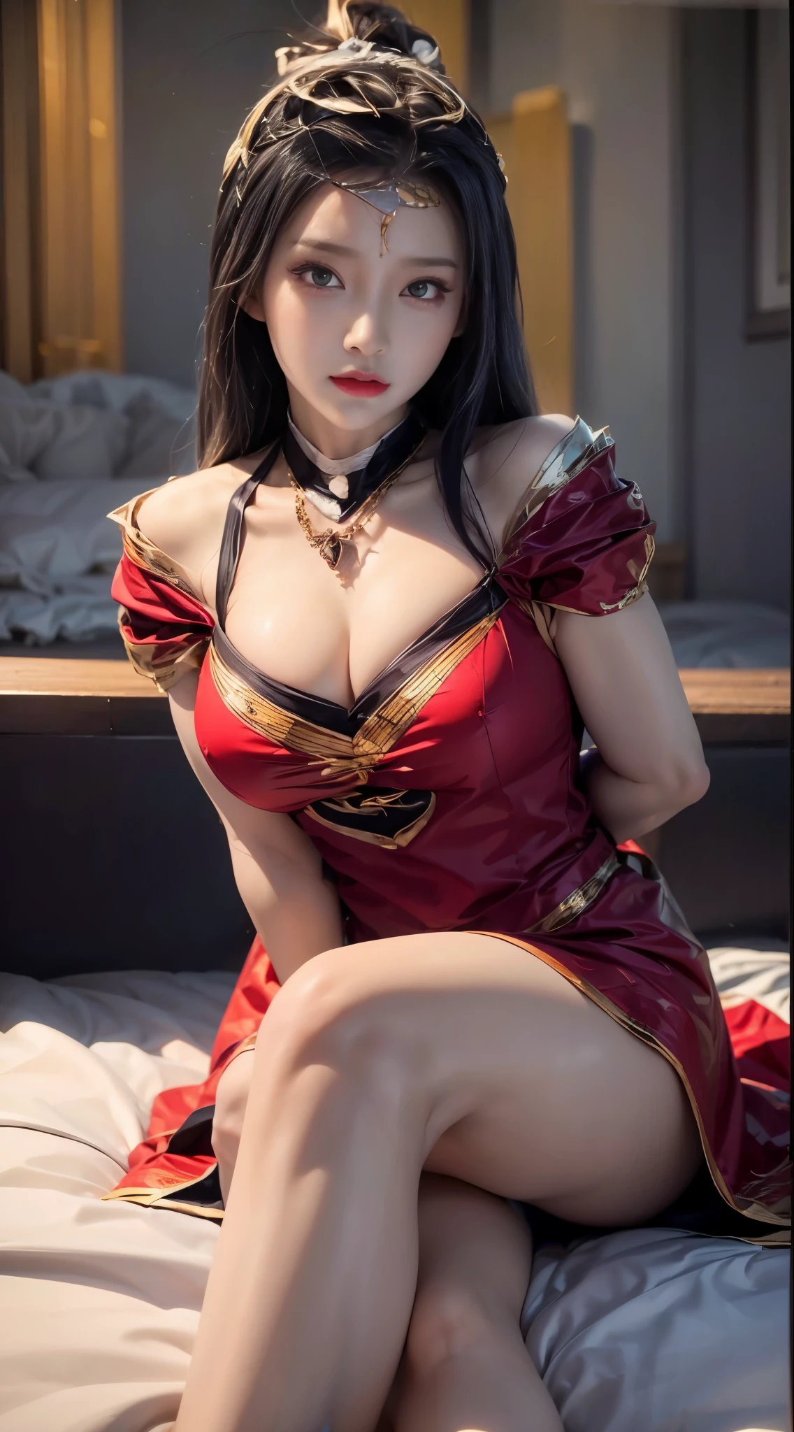 realistic, 1 women, best quality, 12k, HD, long hair, big round , cleavage, ponytail, necklace, jewelry, shorts, short jacket, slim , hair tie, yellow eyes, black hair, super detailed, Eye details, hair details, person details, mouth details, face details,  details, clothes details, hair details, pants details, hand details, whole body