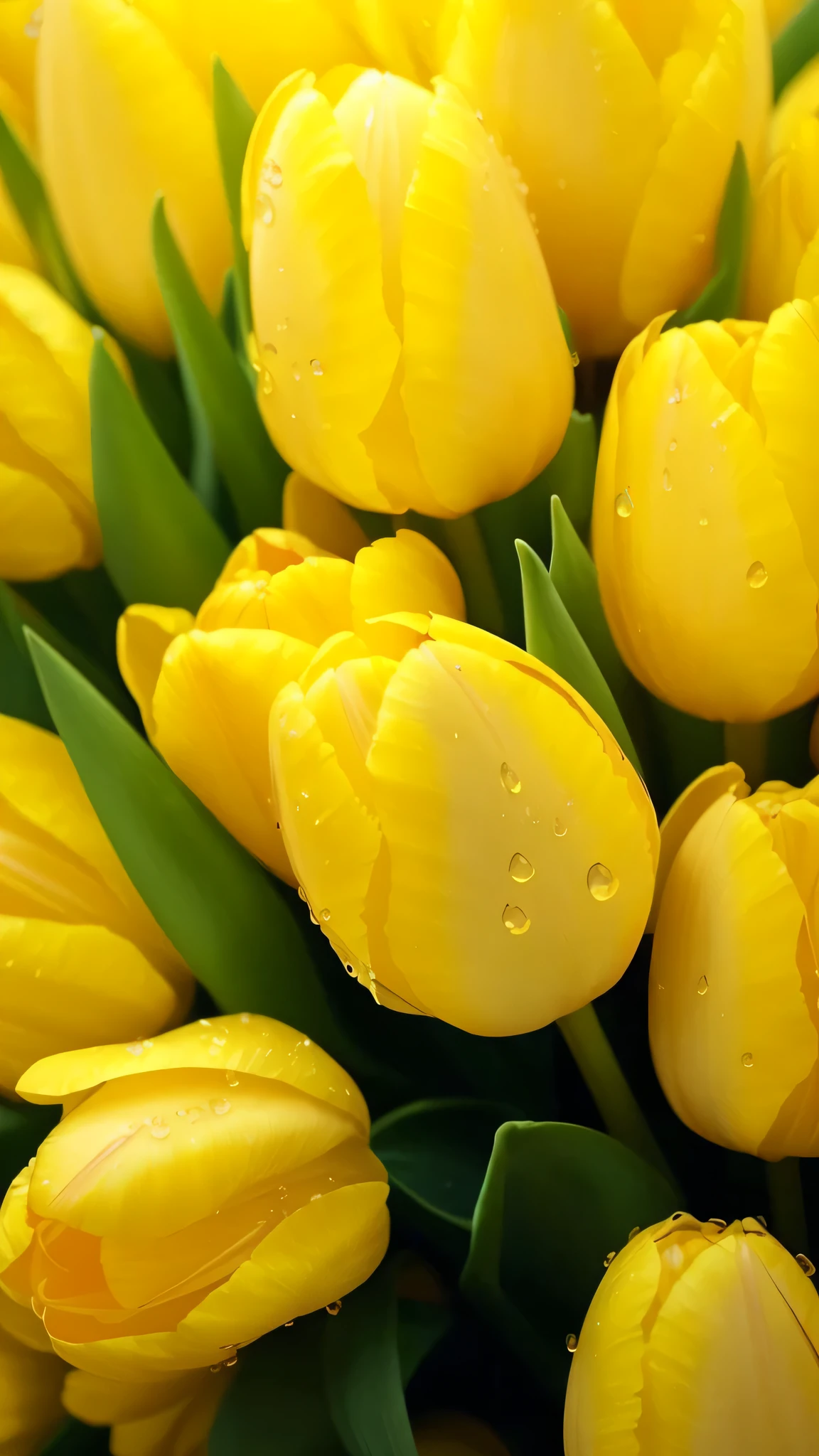 yellow tulips with water droplets on them are in a vase, tulips, glossy yellow, tulip, yellow flowers, yellow colours, shades of yellow, yellow colors, colors: yellow, yellow, 🐿🍸🍋, yellows, vibrant but dreary gold, vibrant and vivid, iralki nadar, elegant high quality, full of yellow flowers flowers